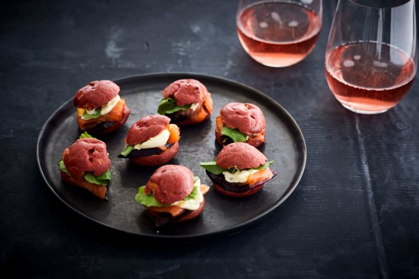 Beetroot and feta gougères, rocket, crème fraiche, smoked salmon