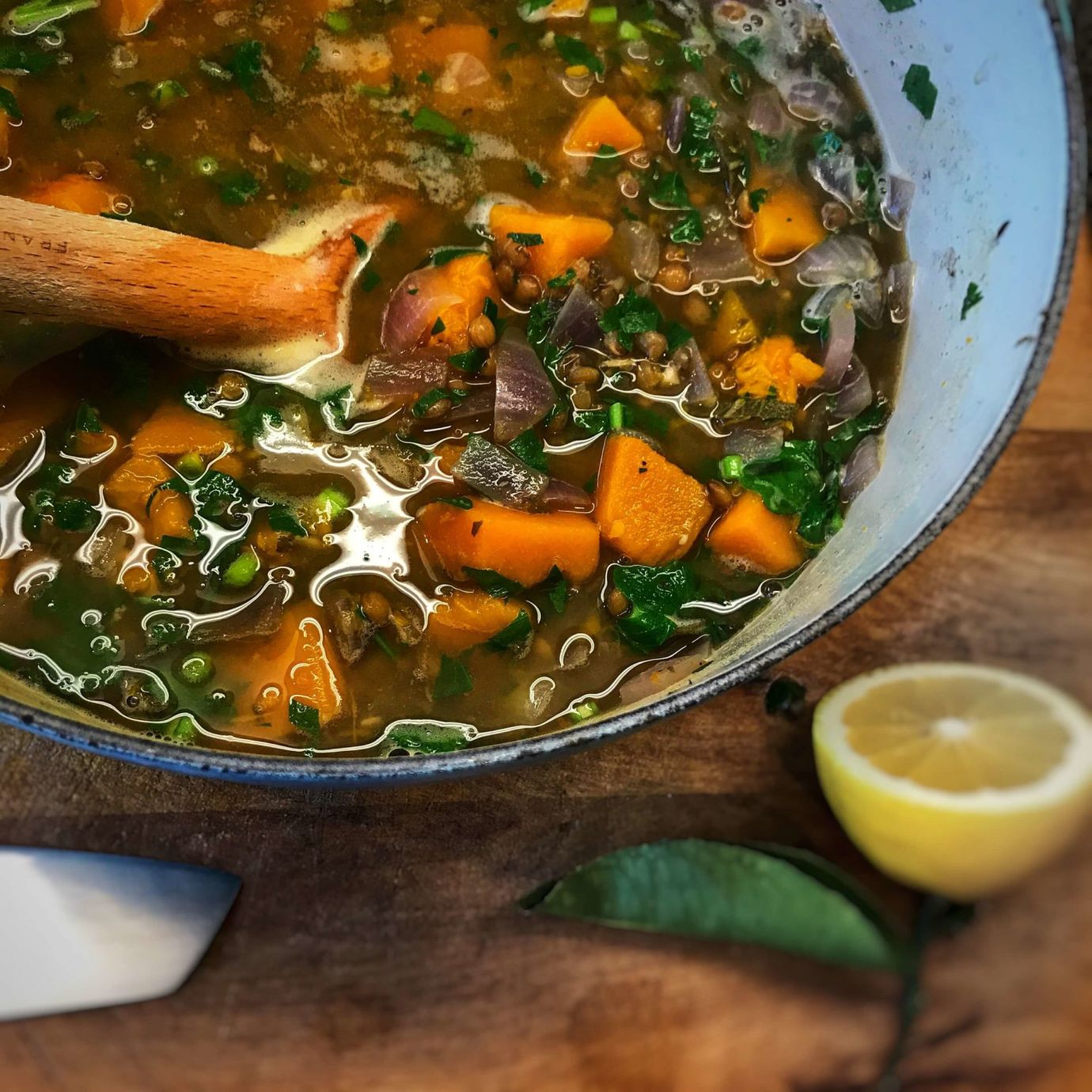 Green lentil and pumpkin soup with orange
