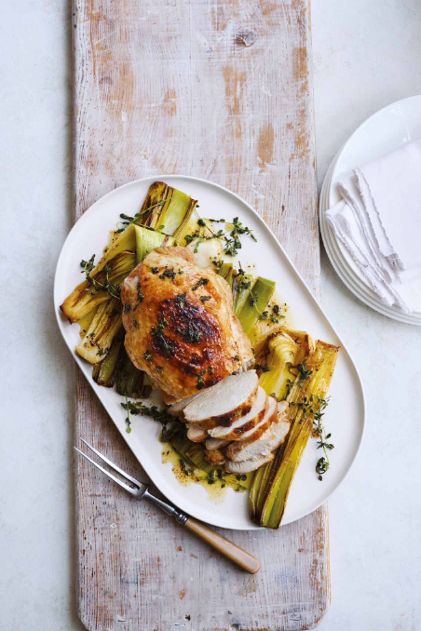 Lemon-brined turkey breast with caramelised thyme leeks