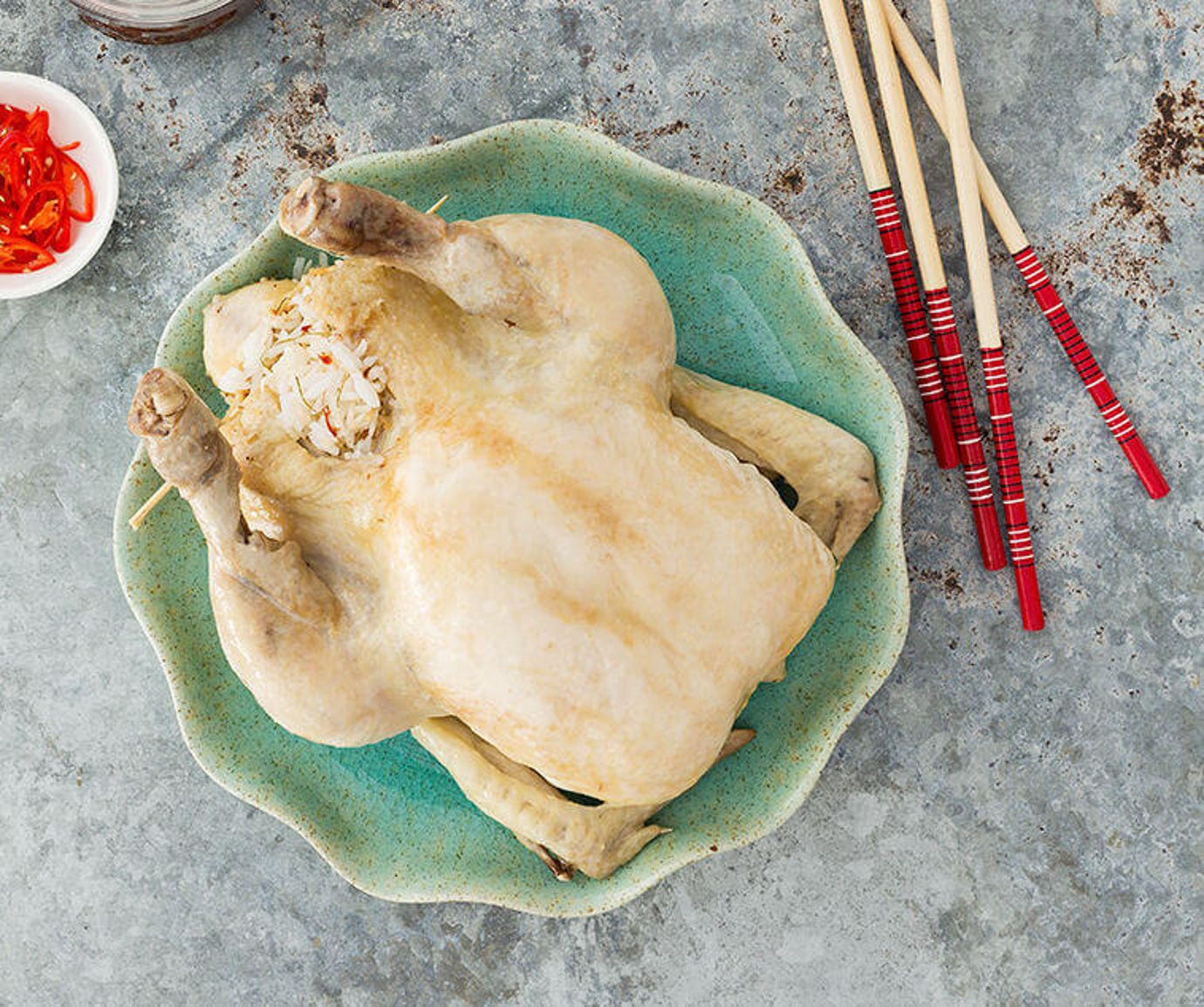 Steamed whole seasoned chicken with rice and xo sauce