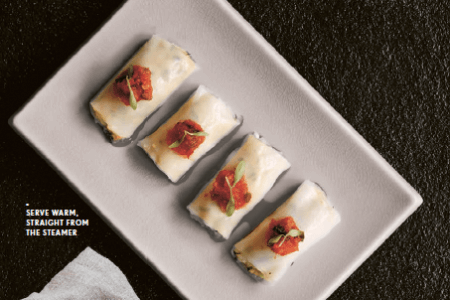 Steamed crab and corn rice noodle roll with XO chilli