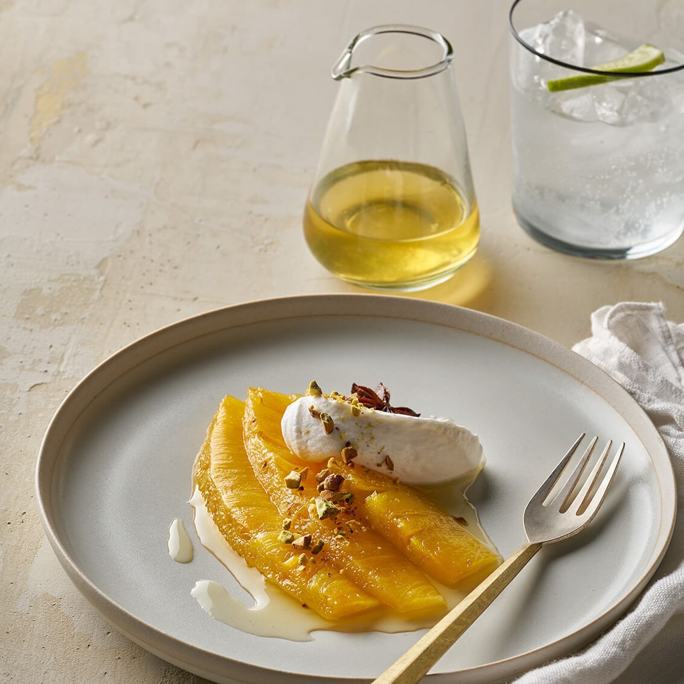 Sous-vide caramelised pineapple with coconut whip and salted pistachio