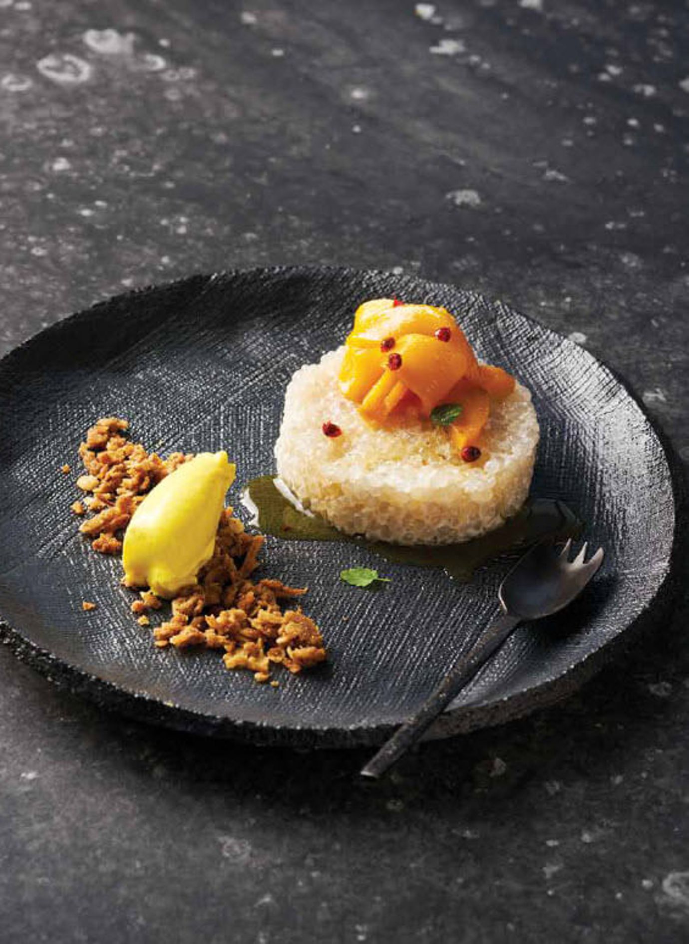 Coconut sago with sous-vide mango