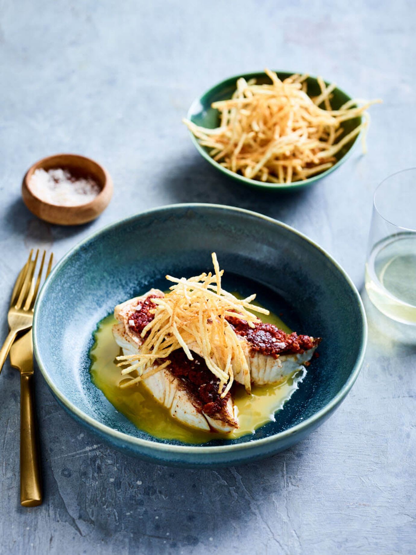 Steamed snapper fillets with chorizo dressing