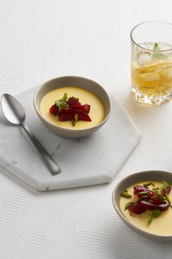 Rosewater custard with strawberries