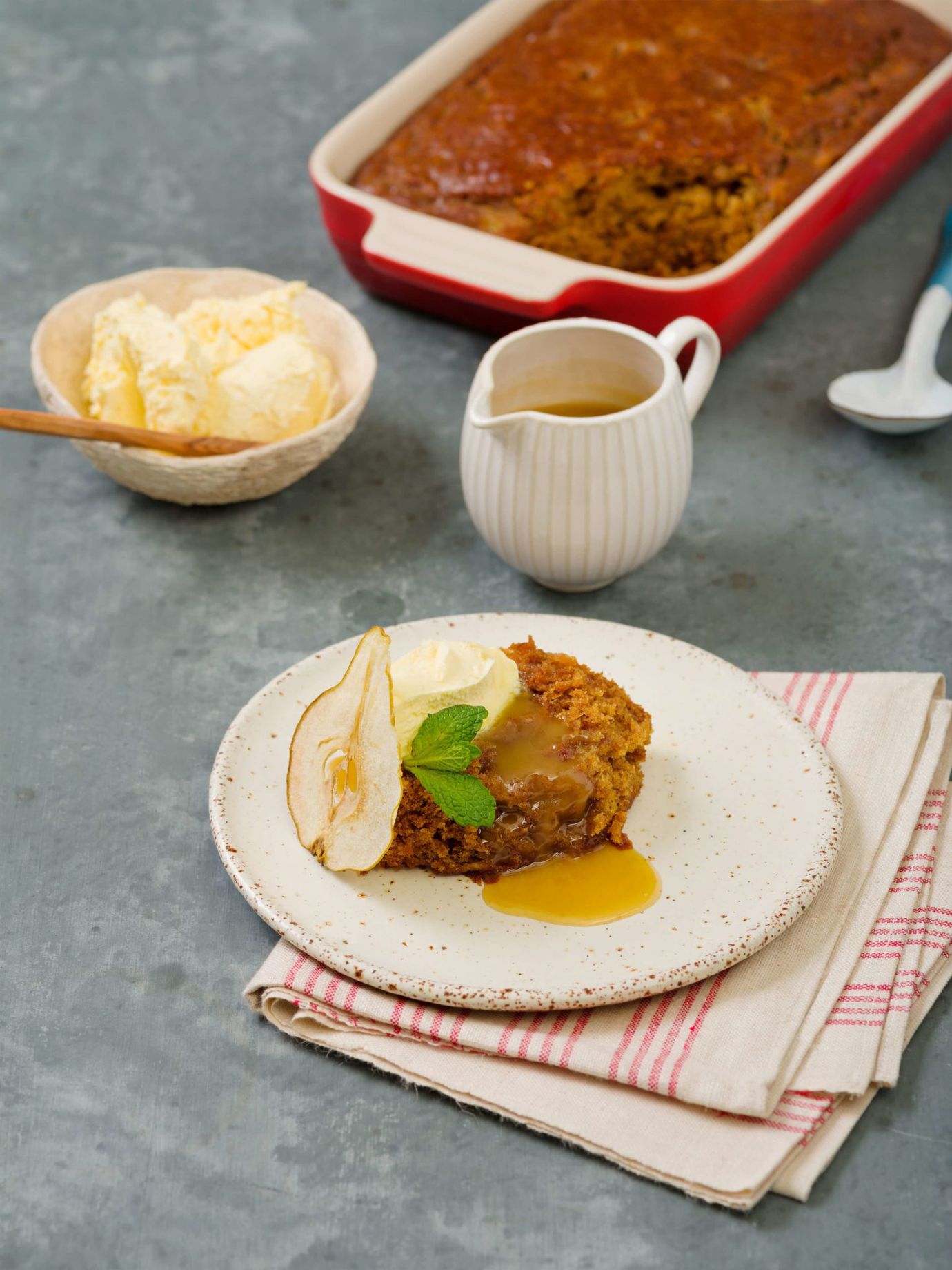 Sticky toffee pudding with pear and tonka bean caramel