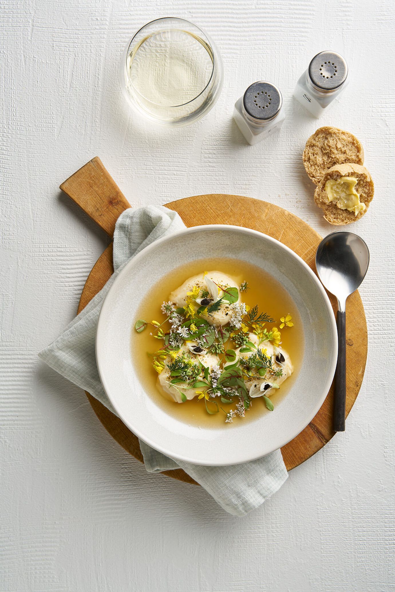 Steamed egg custard, chicken bone broth, fragrant herb