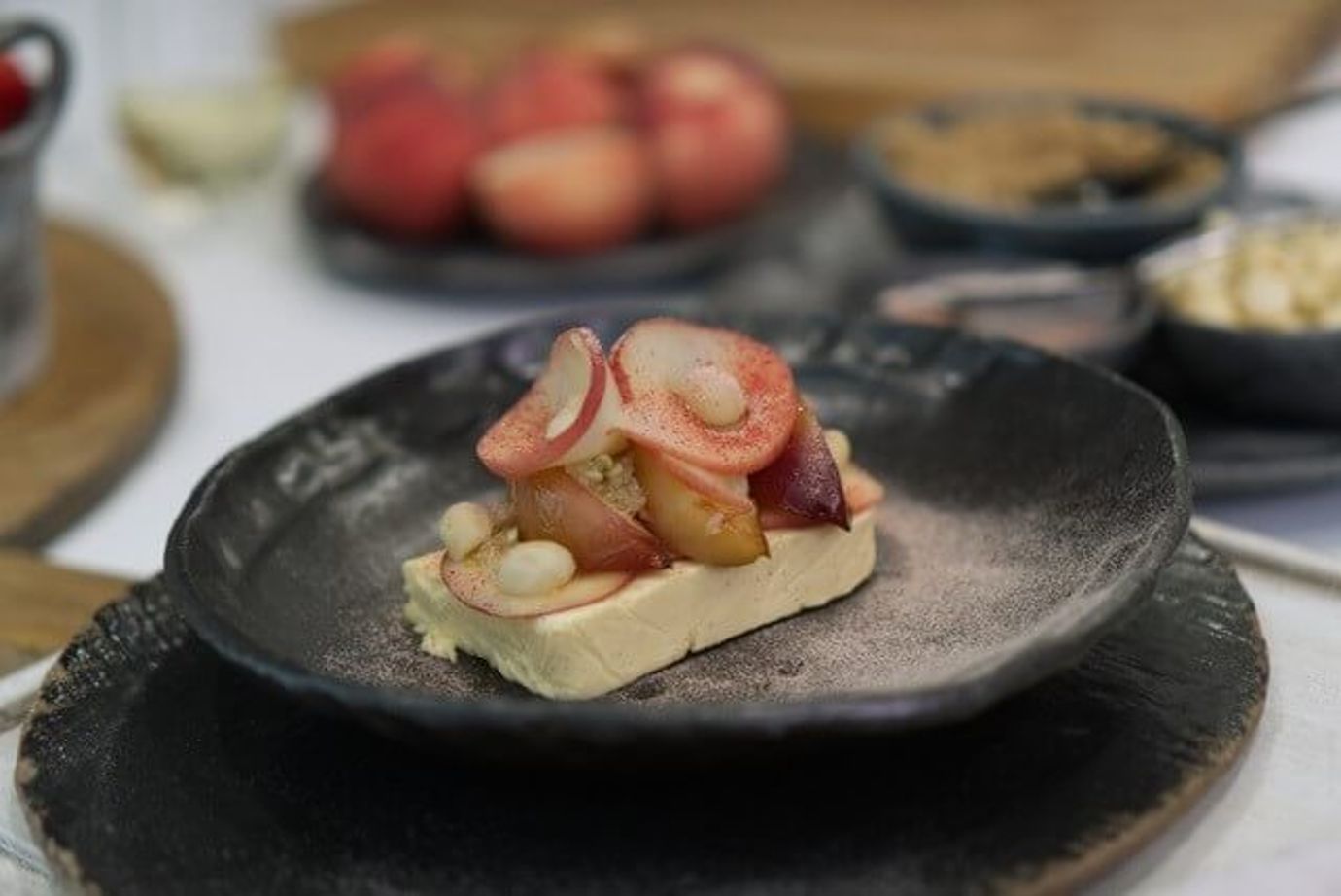 Peach, quandong, finger lime, vanilla parfait