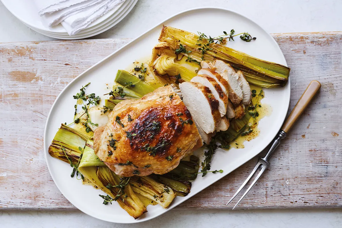 Lemon-brined turkey breast with caramelised thyme leeks