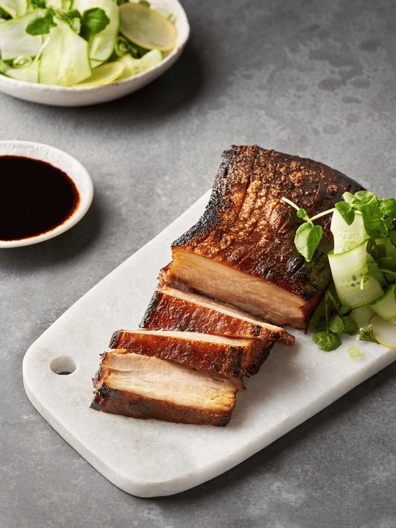 Hoisin pork belly with cucumber and nashi