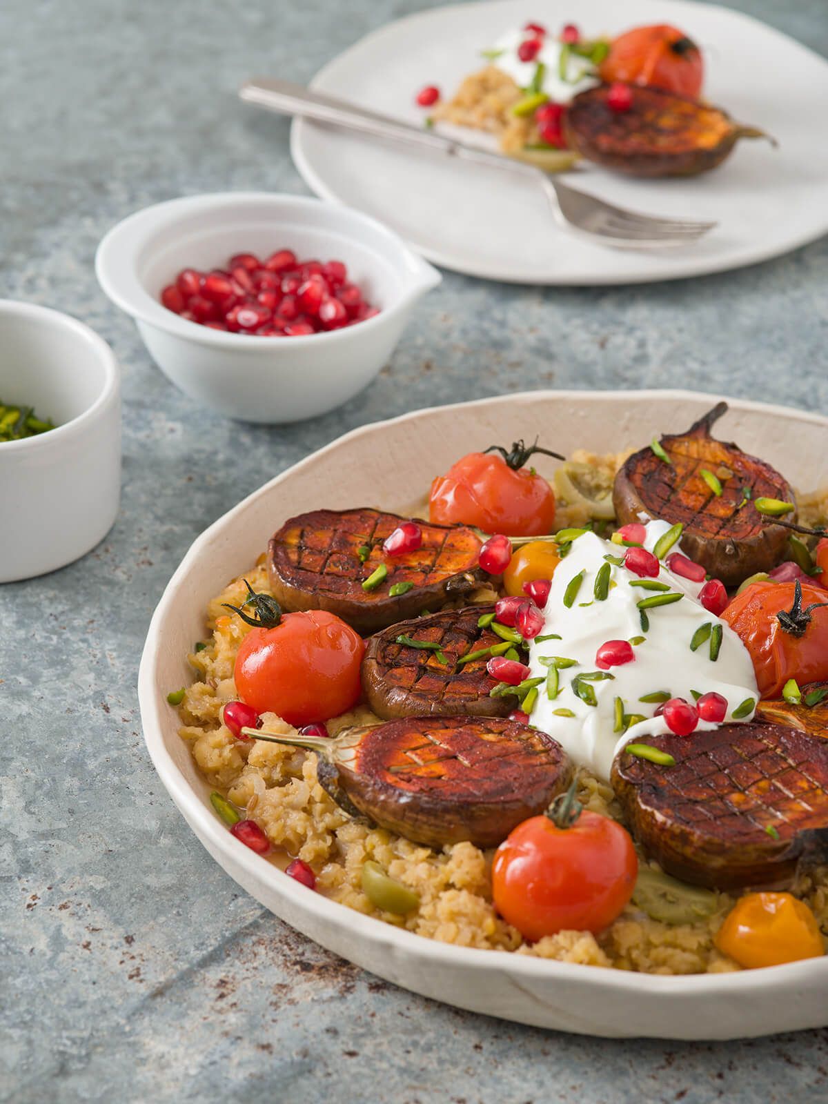 Harissa Roasted Eggplant, Olives, Pistachios and Red Lentils