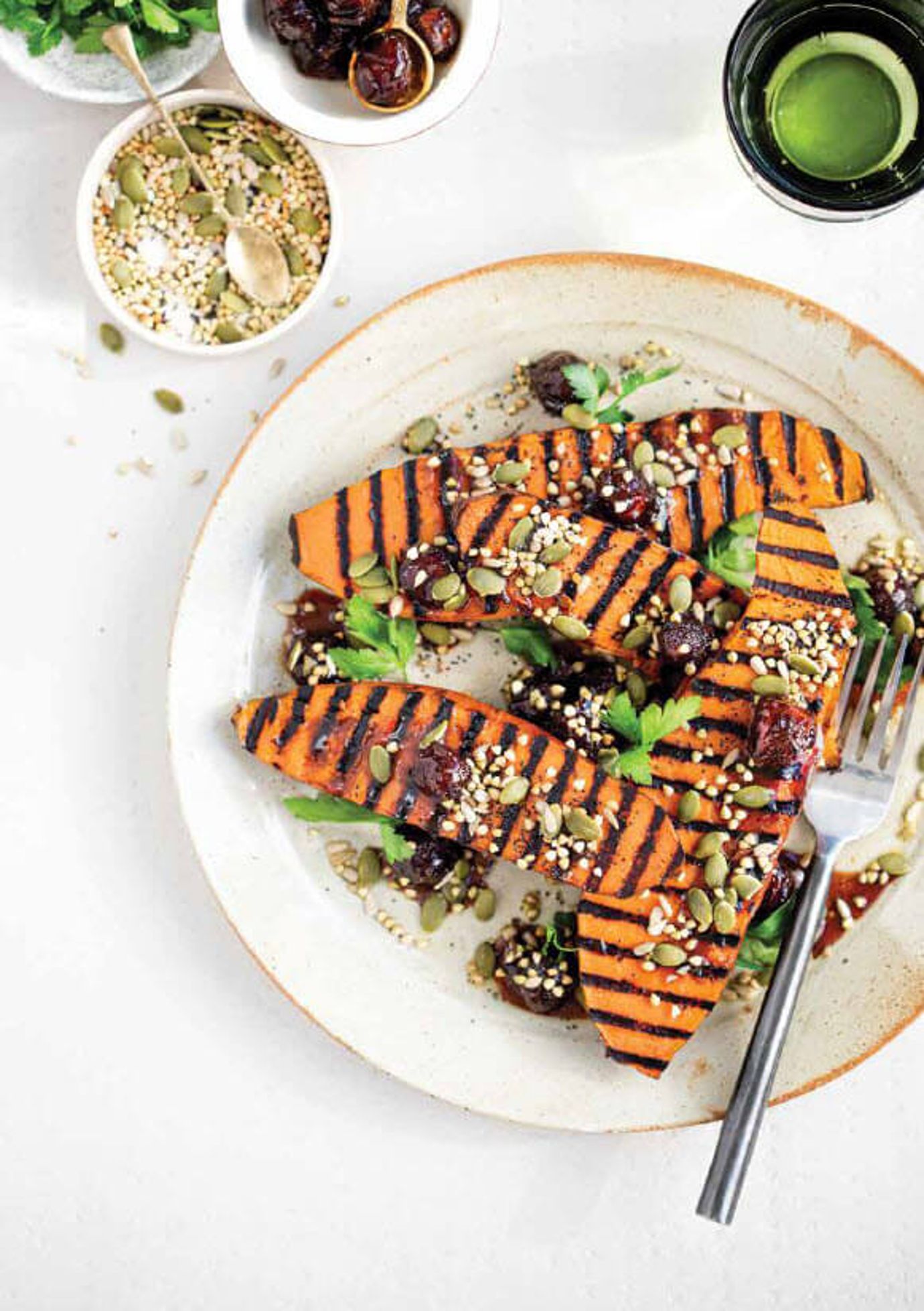 Grilled kumara with medjool date and buckwheat crunch