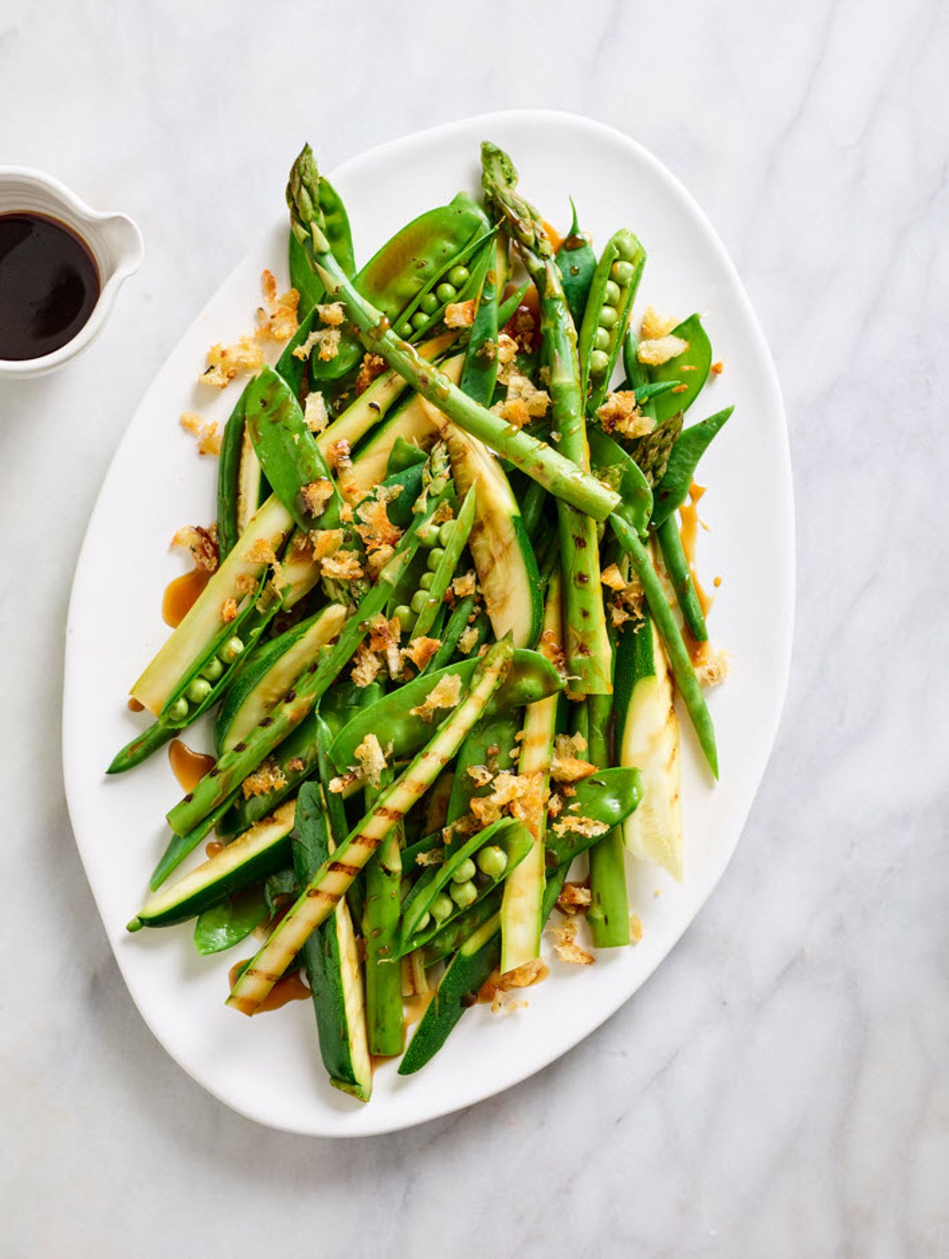 Summer vegetables with sherry vinegar dressing and garlic breadcrumbs