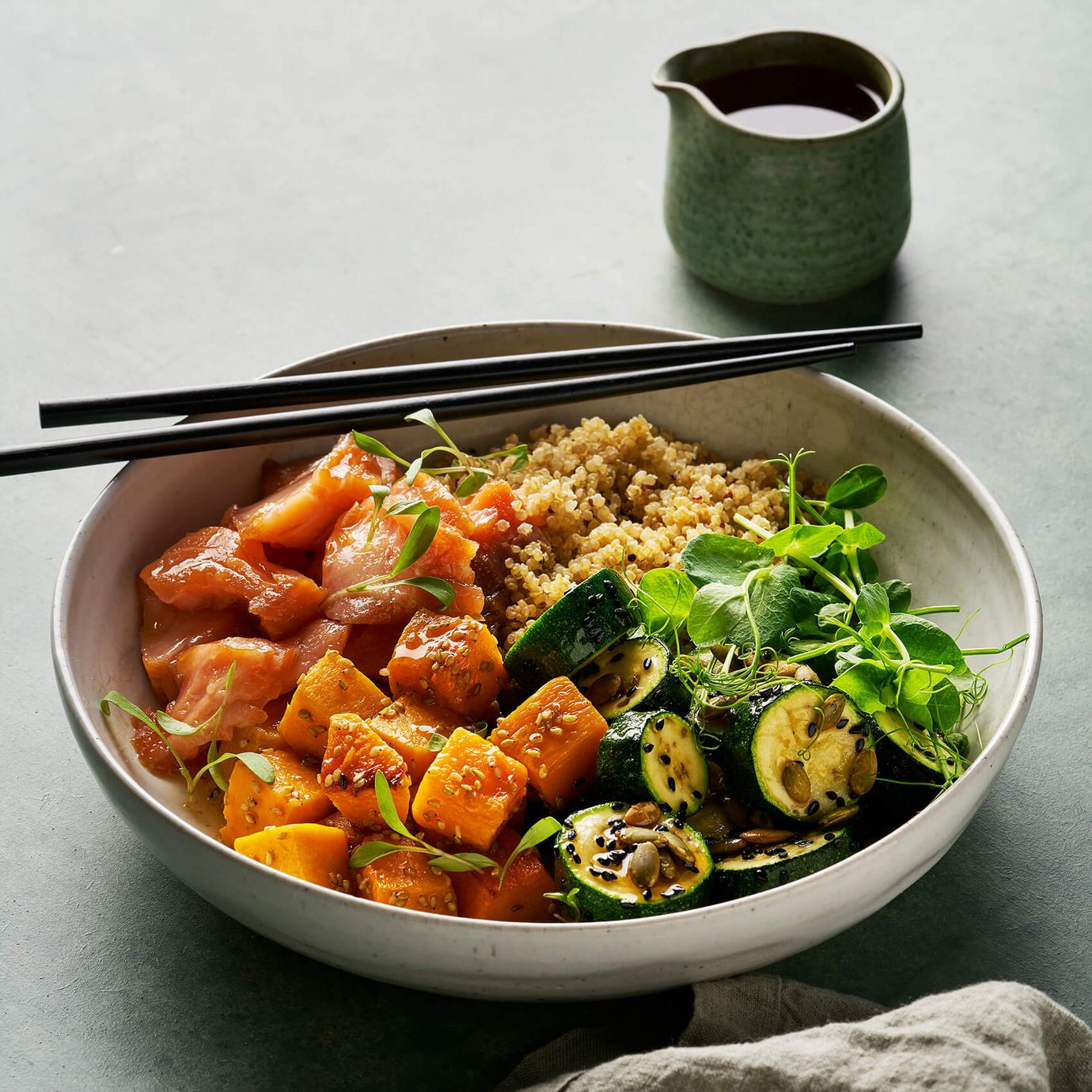 Quinoa poké bowl with sous-vide maple salmon