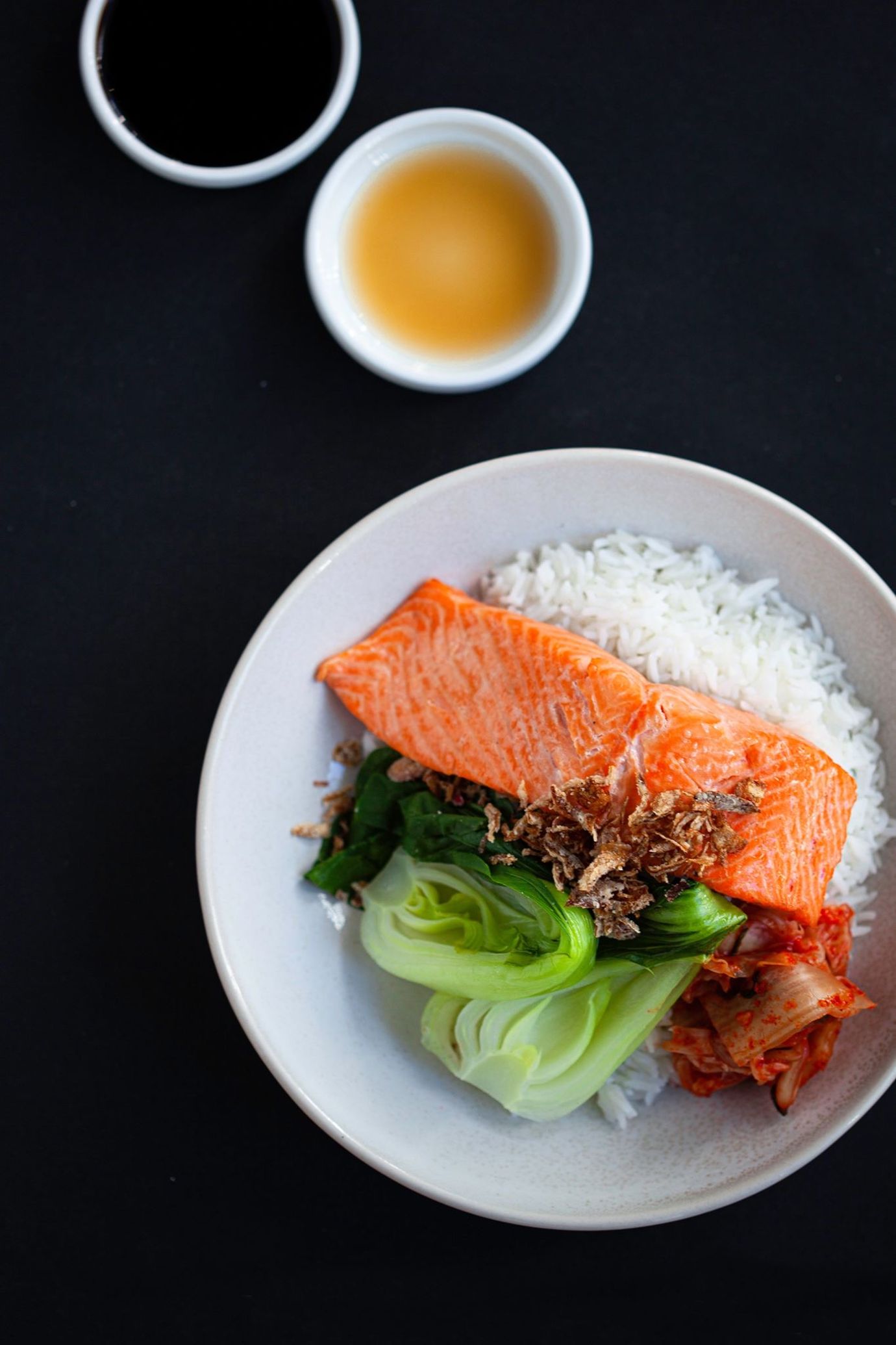 Steamed salmon, basmati rice, bok choy and kimchi