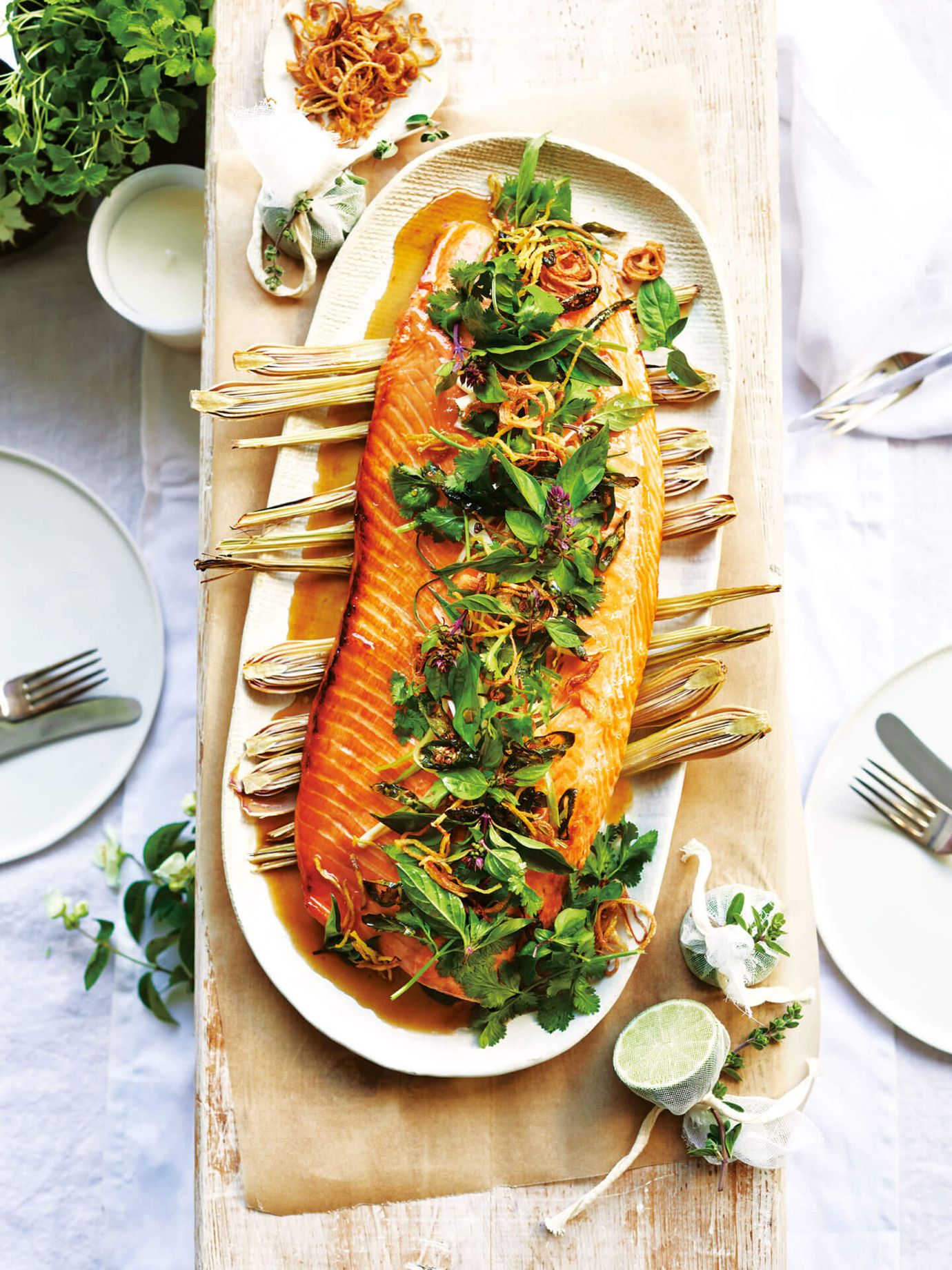 Caramelised lemongrass and herb salmon