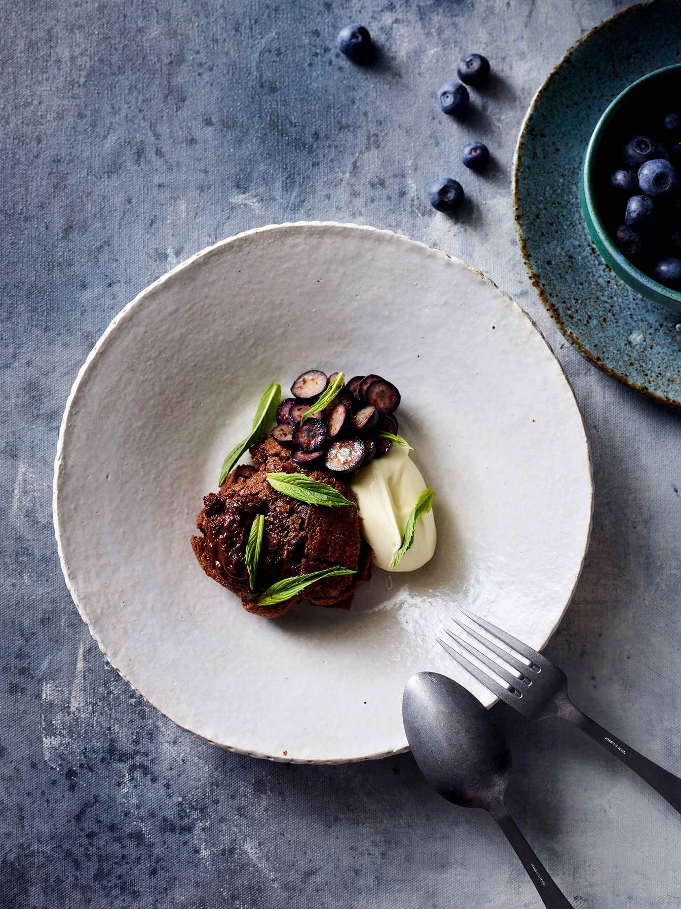 Baked ganache, chocolate mint and blueberries