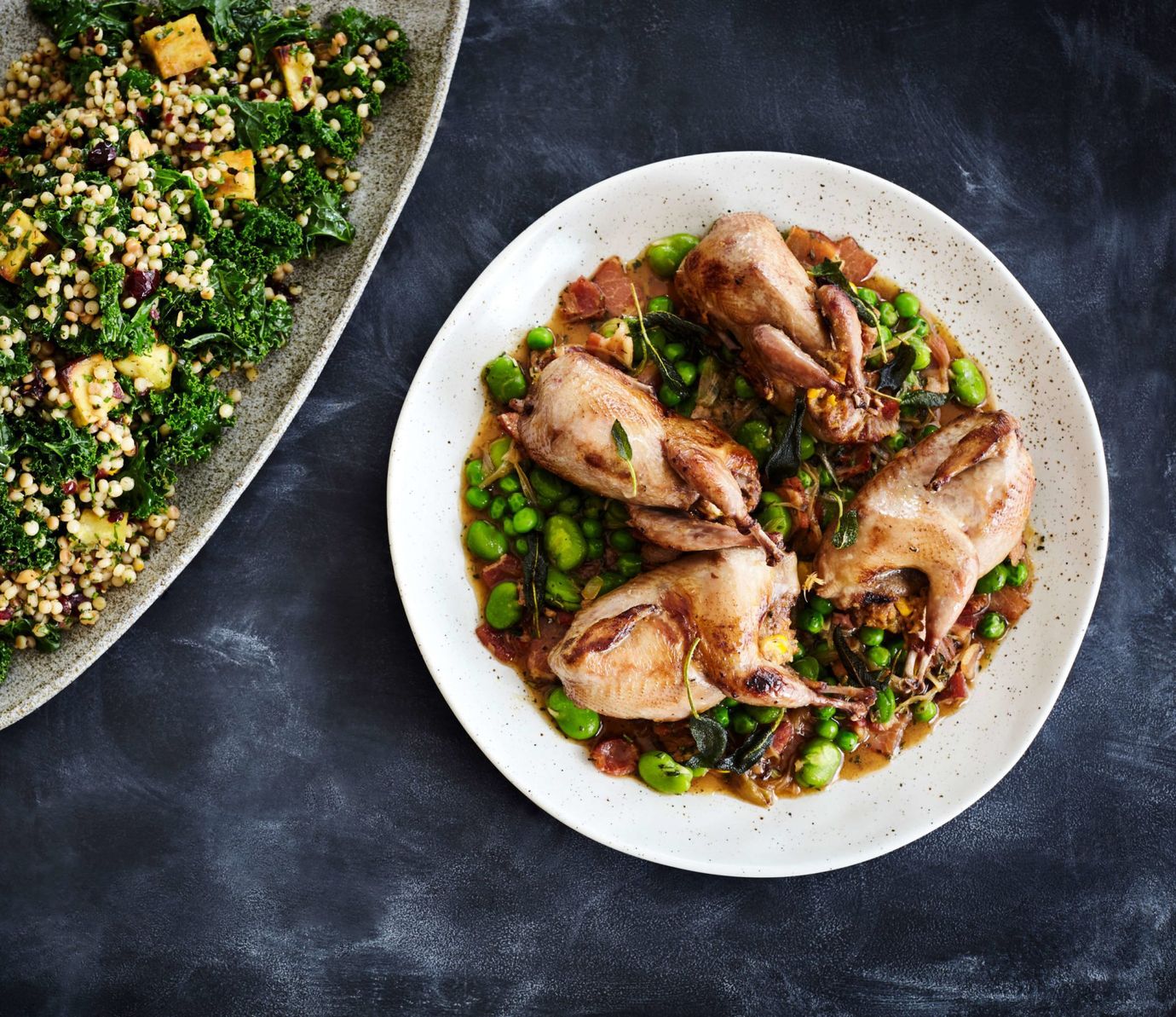 Roasted quails, sweetcorn and peas