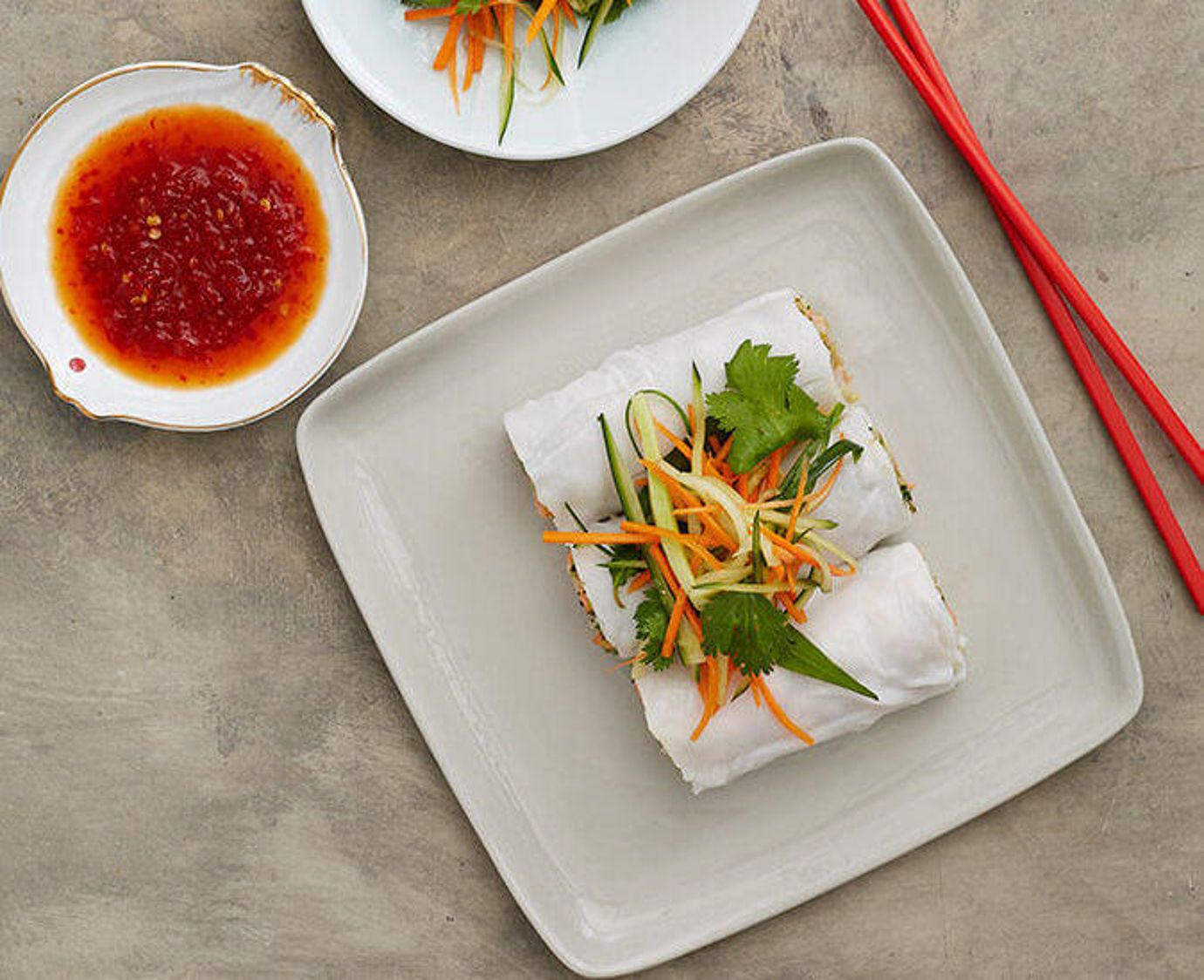 Steamed prawn and salmon rice noodle rolls