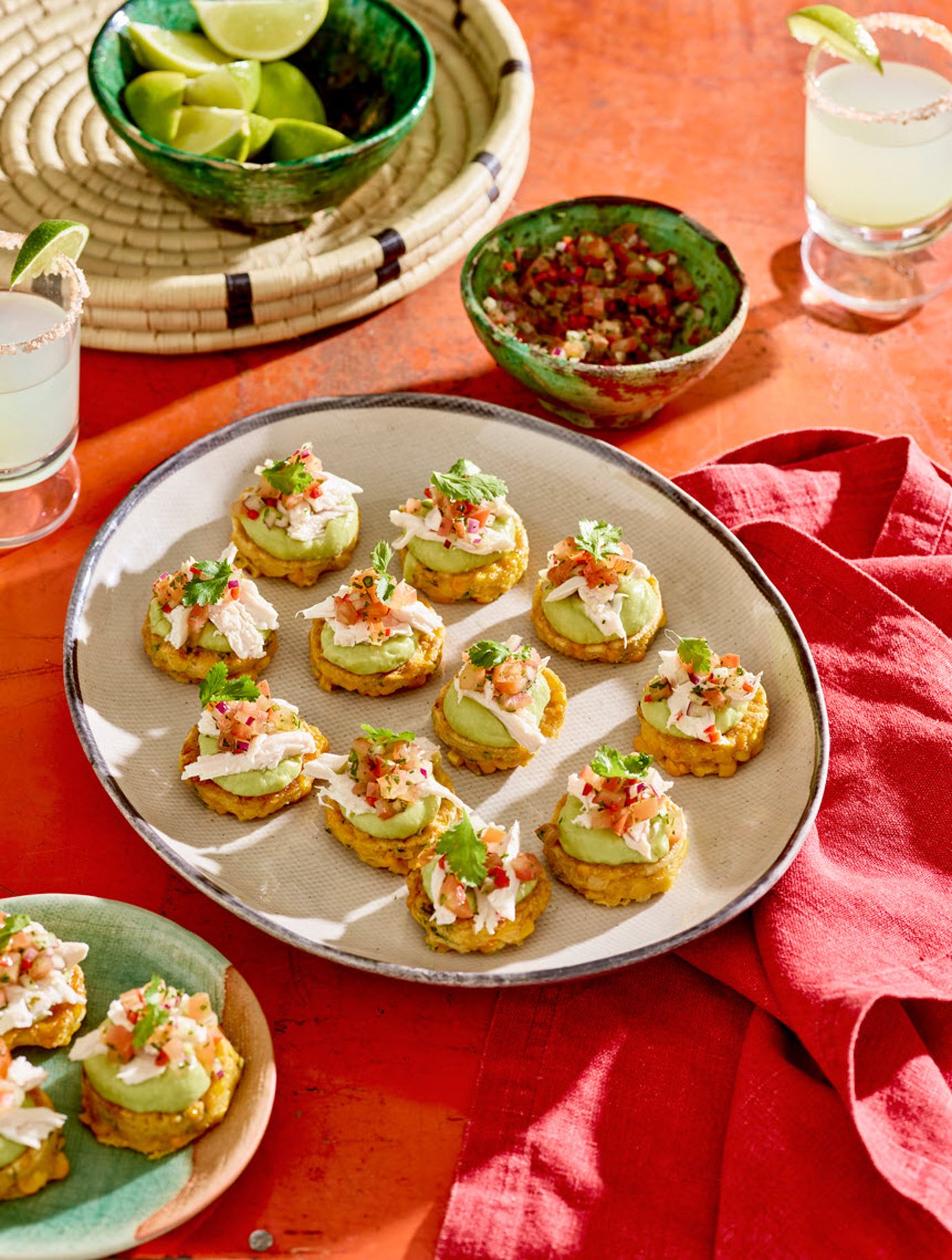 Mexican corn cakes with shredded chicken and salsa