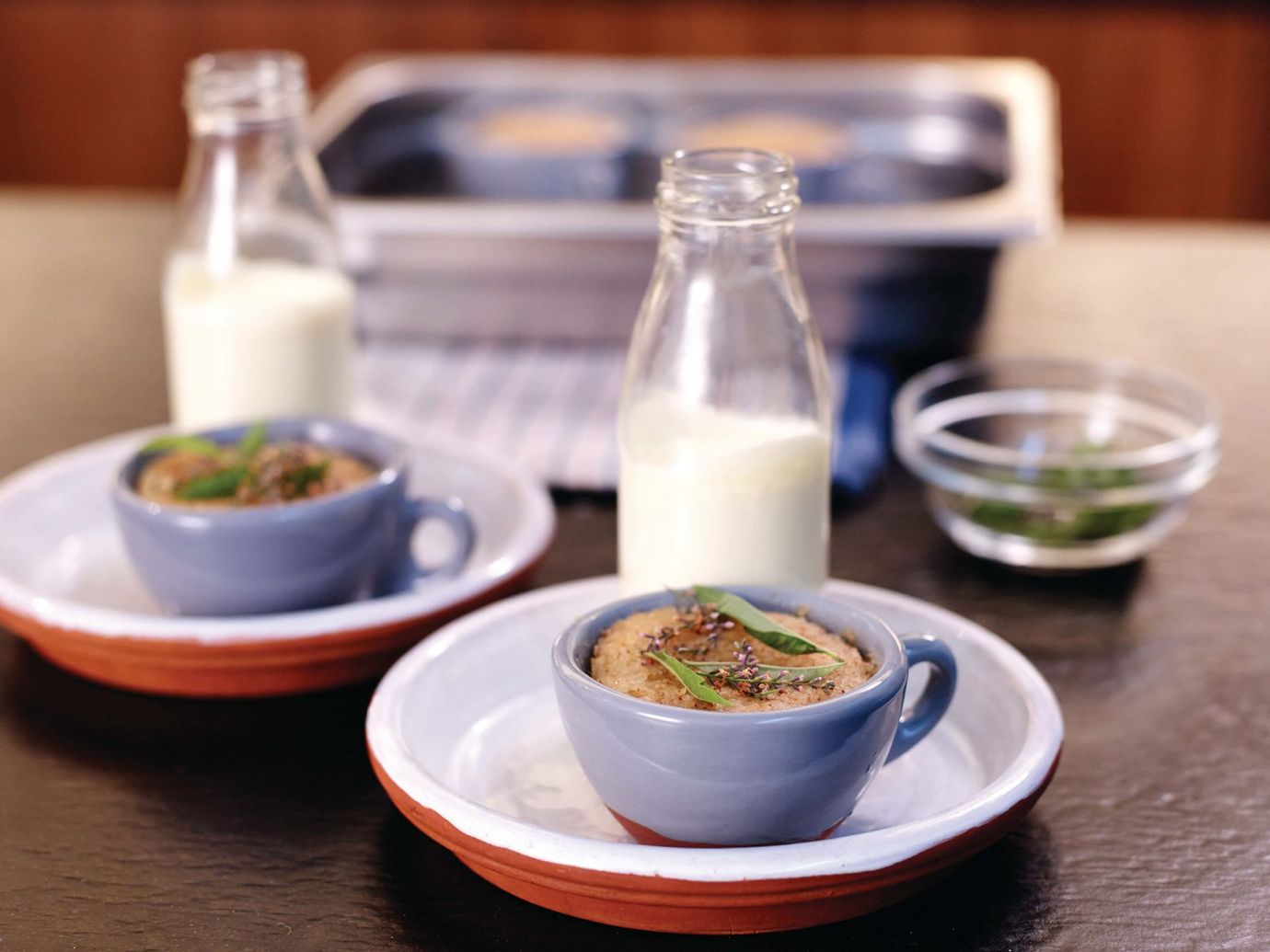 Lemon and wattle seed pudding, soured cream