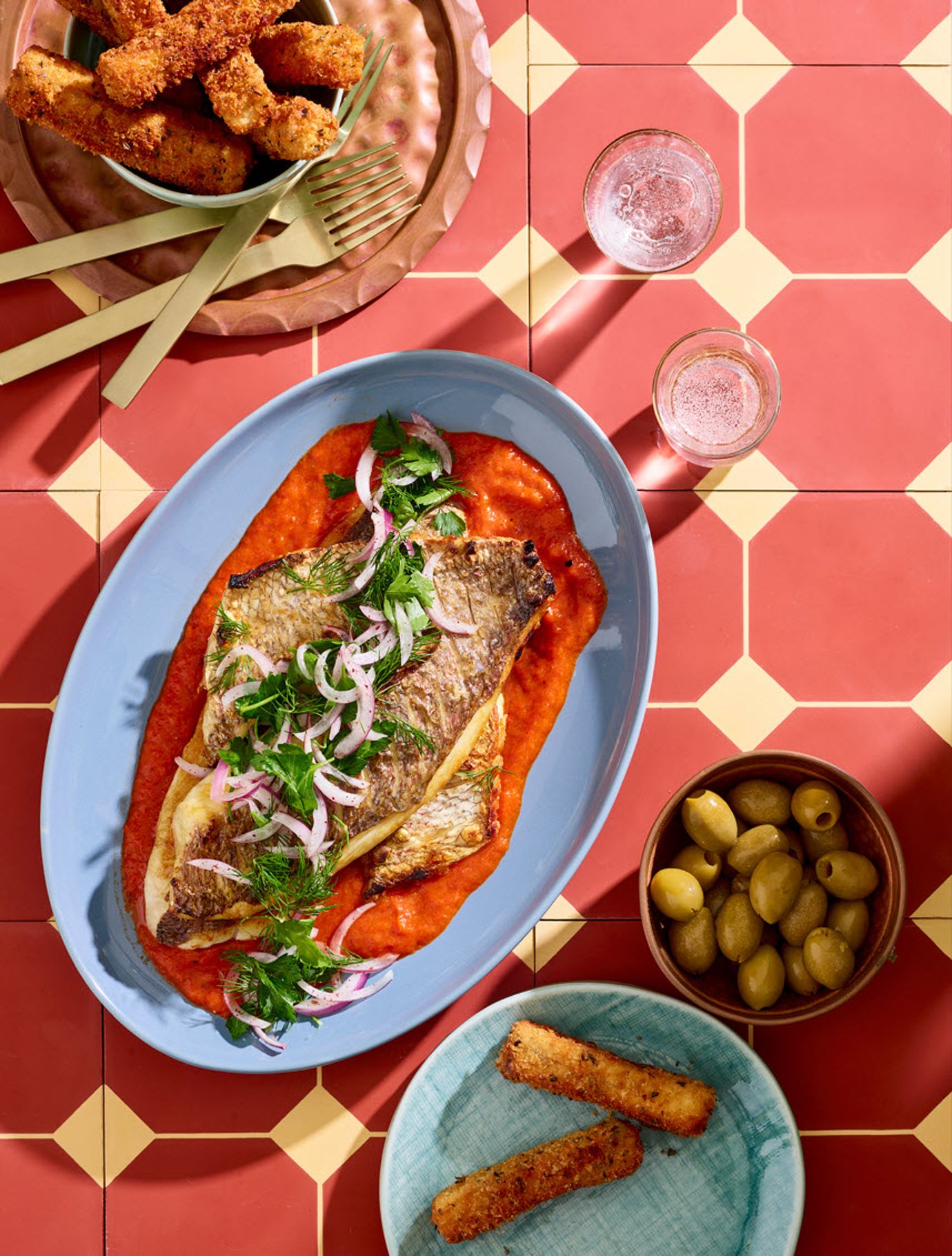 Crispy skinned fish with roasted capsicum sauce