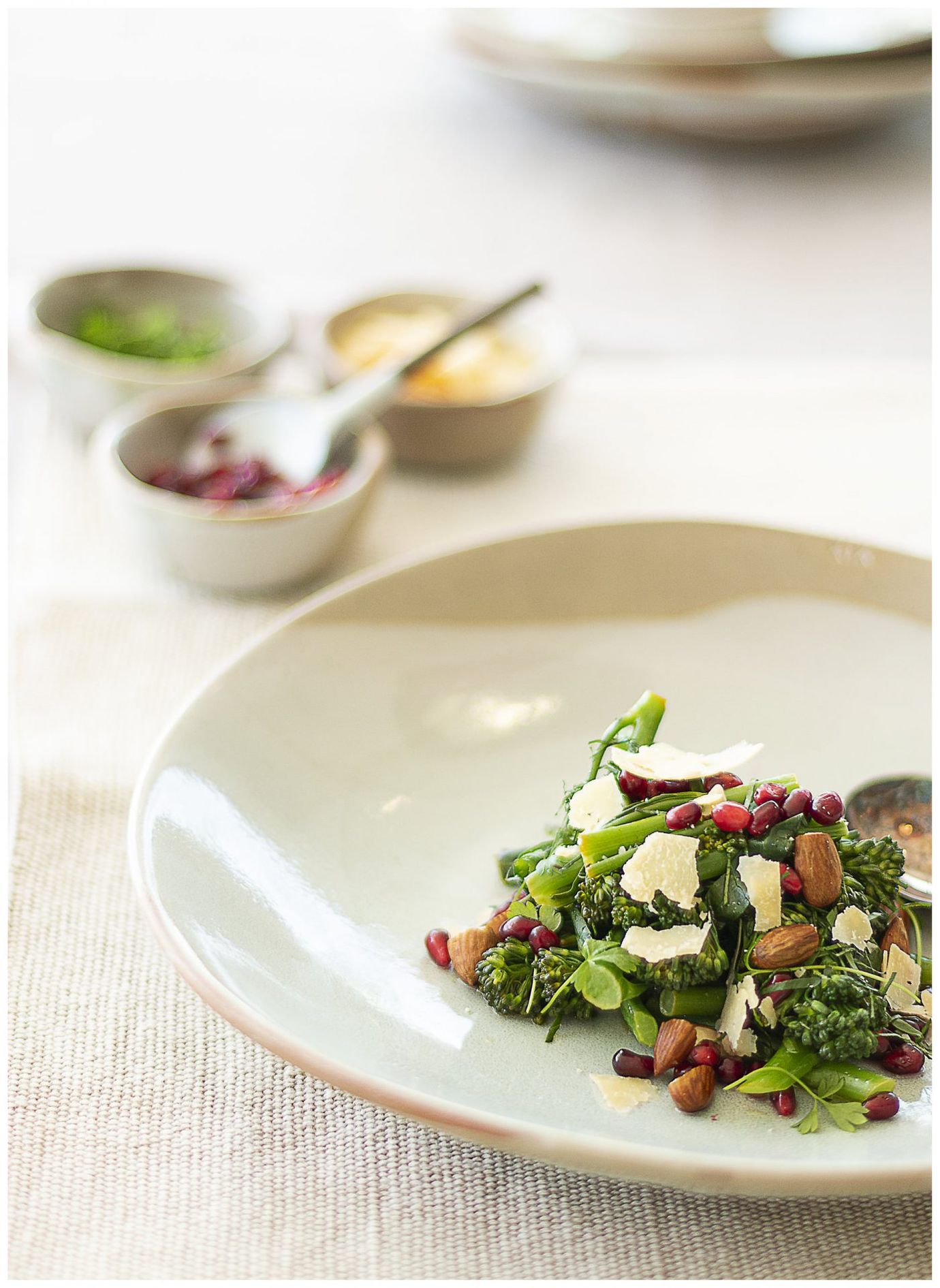 Broccolini with parmesan, almonds and pomegranate