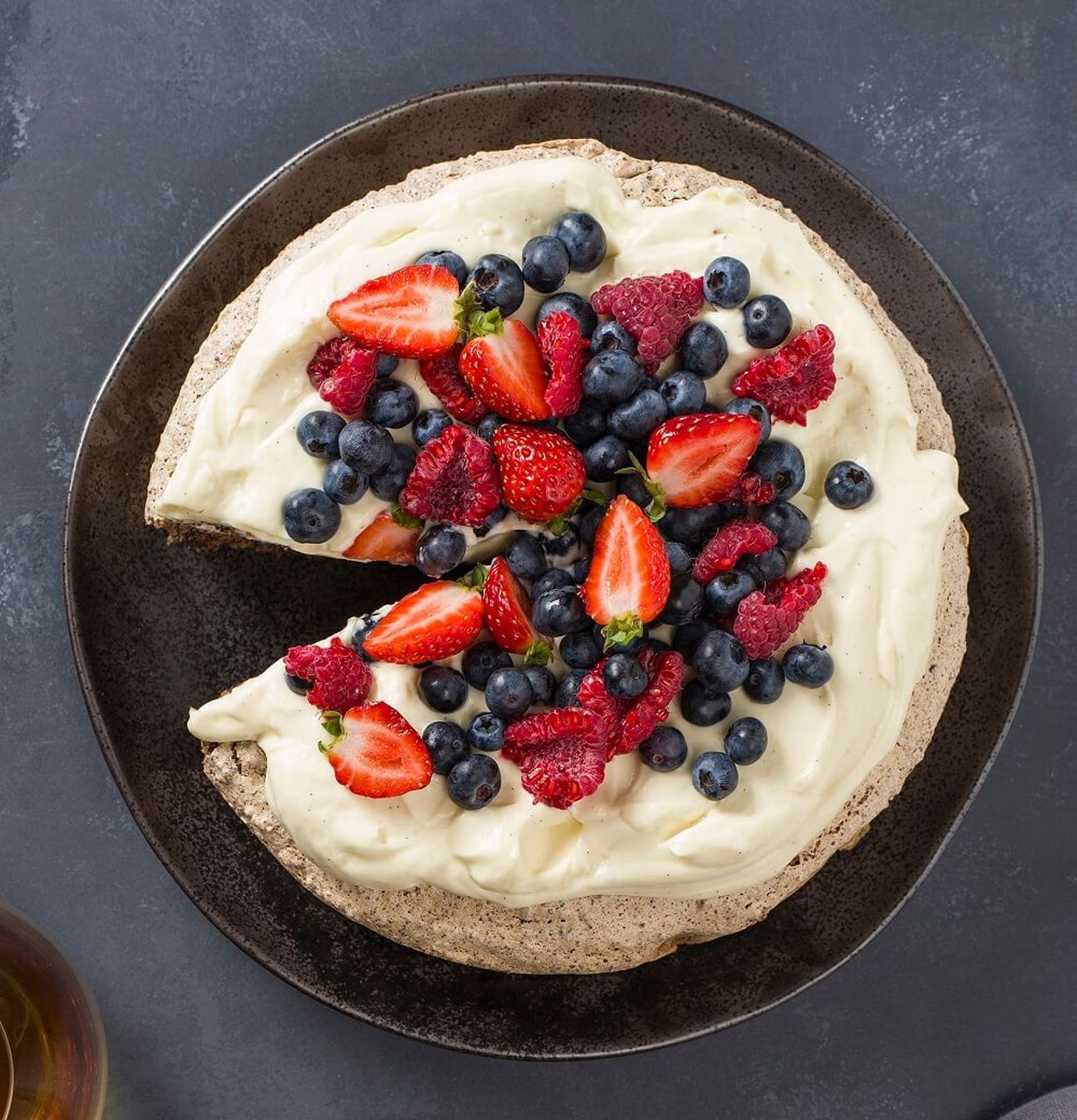Hazelnut chocolate meringue, fresh berries and crème diplomat