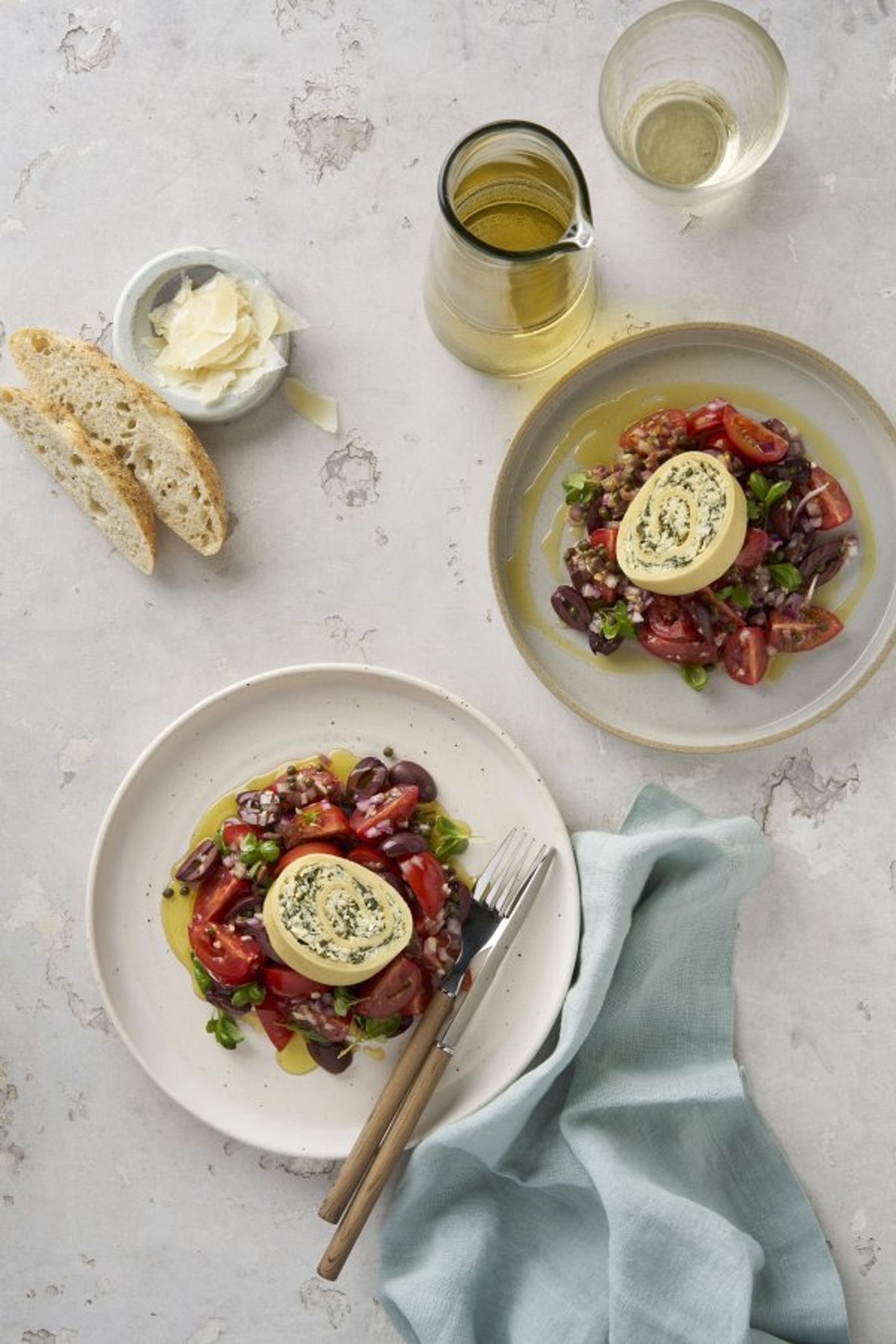 Spinach and ricotta rotolo with warm tomato salsa