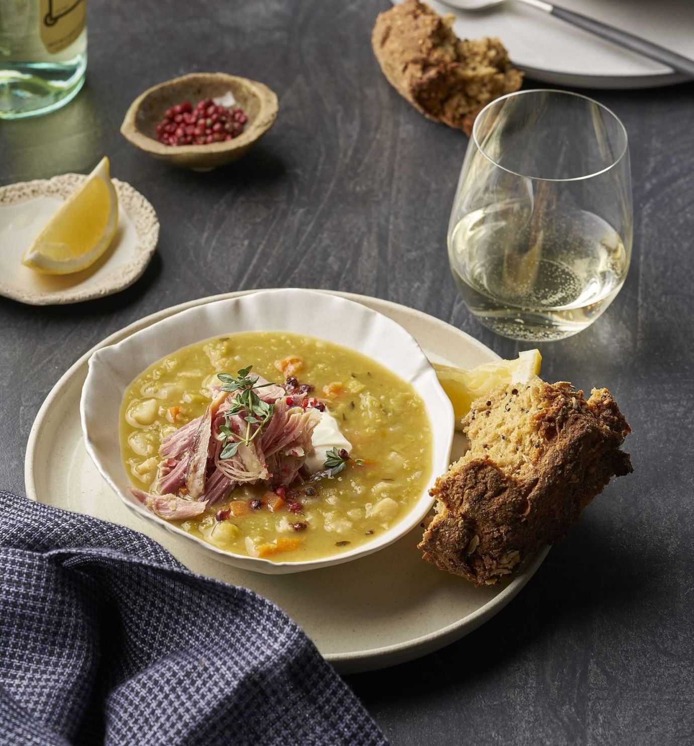 Pea, ham and celeriac soup