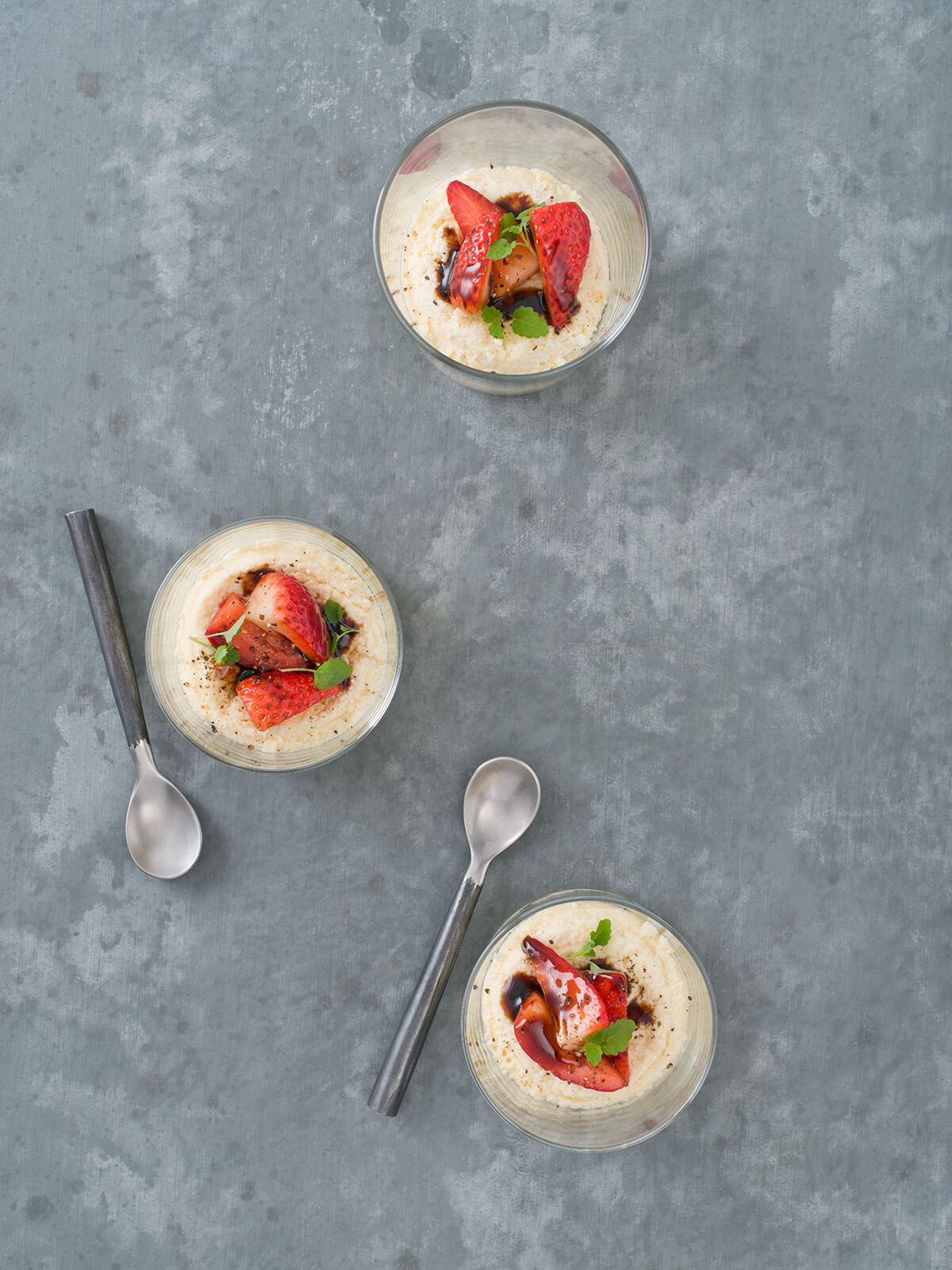 Ricotta cheesecake with balsamic and peppered strawberries