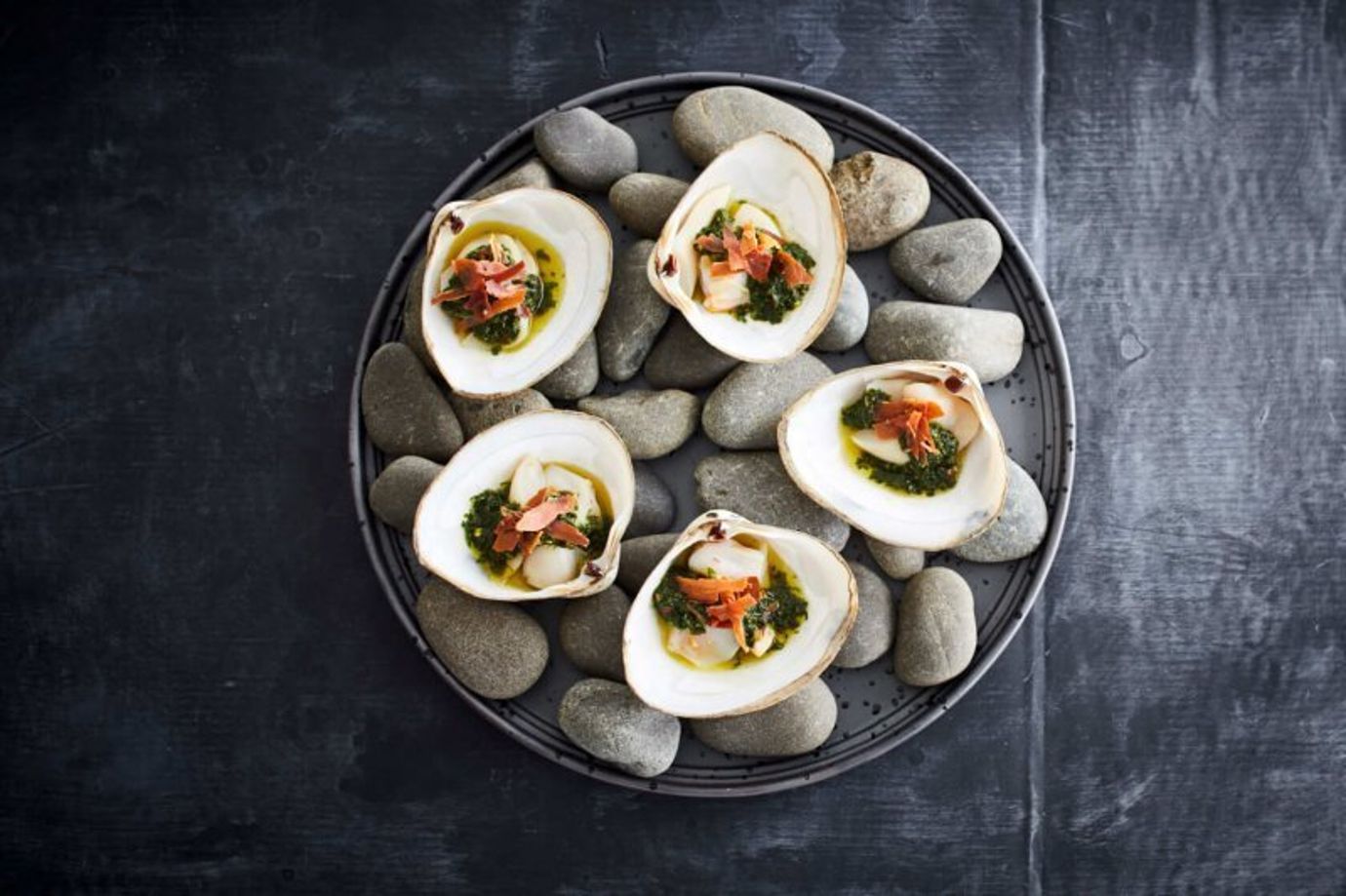 Steamed cloudy bay clams, crispy ham, chimichurri