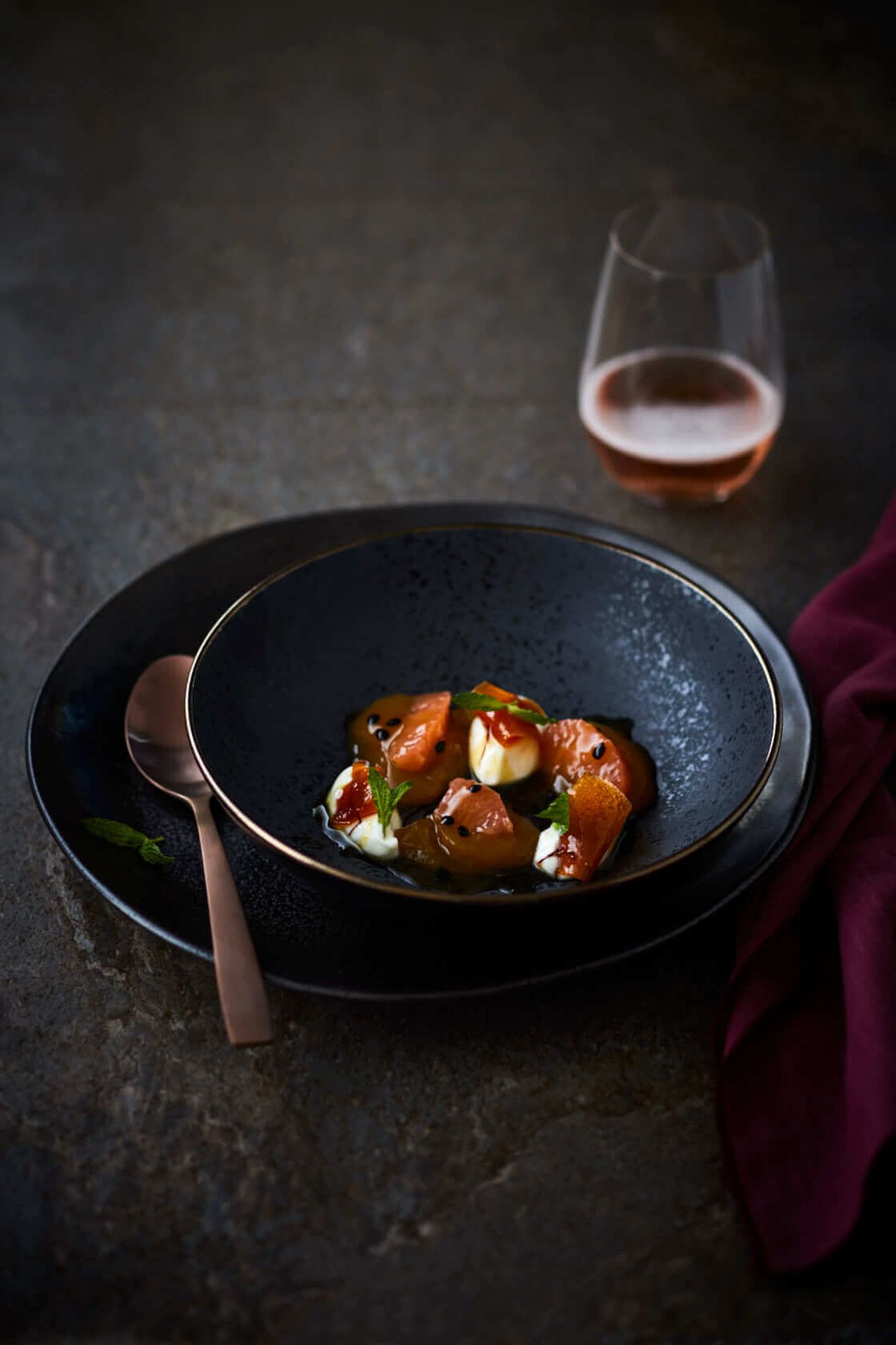 Grapefruit and passionfruit jelly, served with yoghurt and honey and saffron syrup