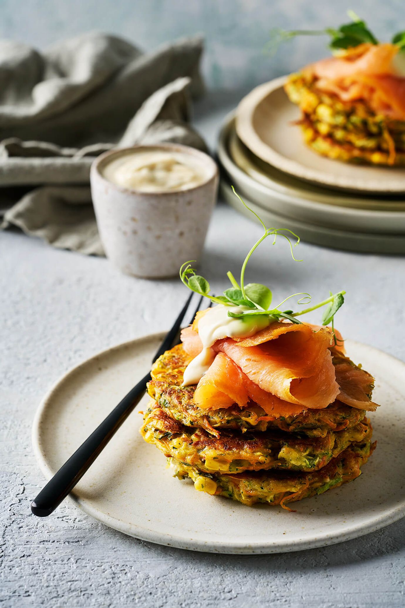 Zucchini, sweet potato and corn fritters