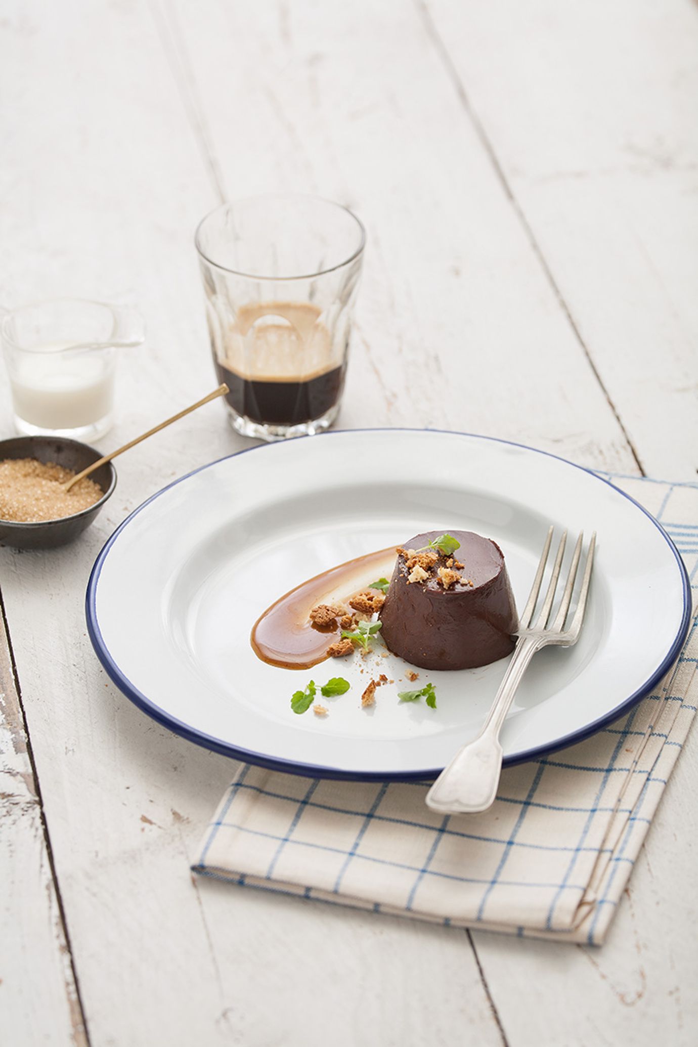 Chocolate and coffee budino with caramel sauce
