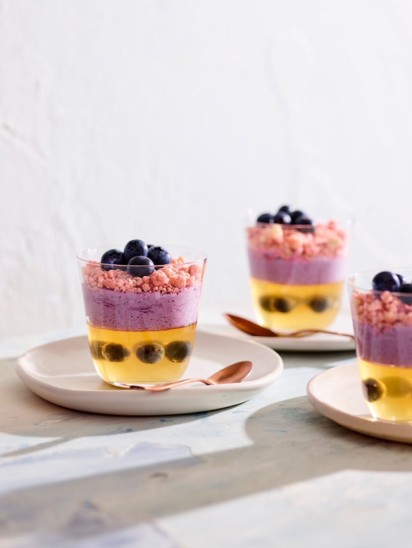 Blueberry mousse with jasmine jelly and shortbread sherbet crumb