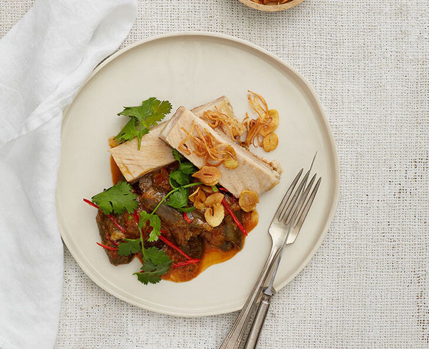 Steamed pork belly and yellow bean chilli eggplant