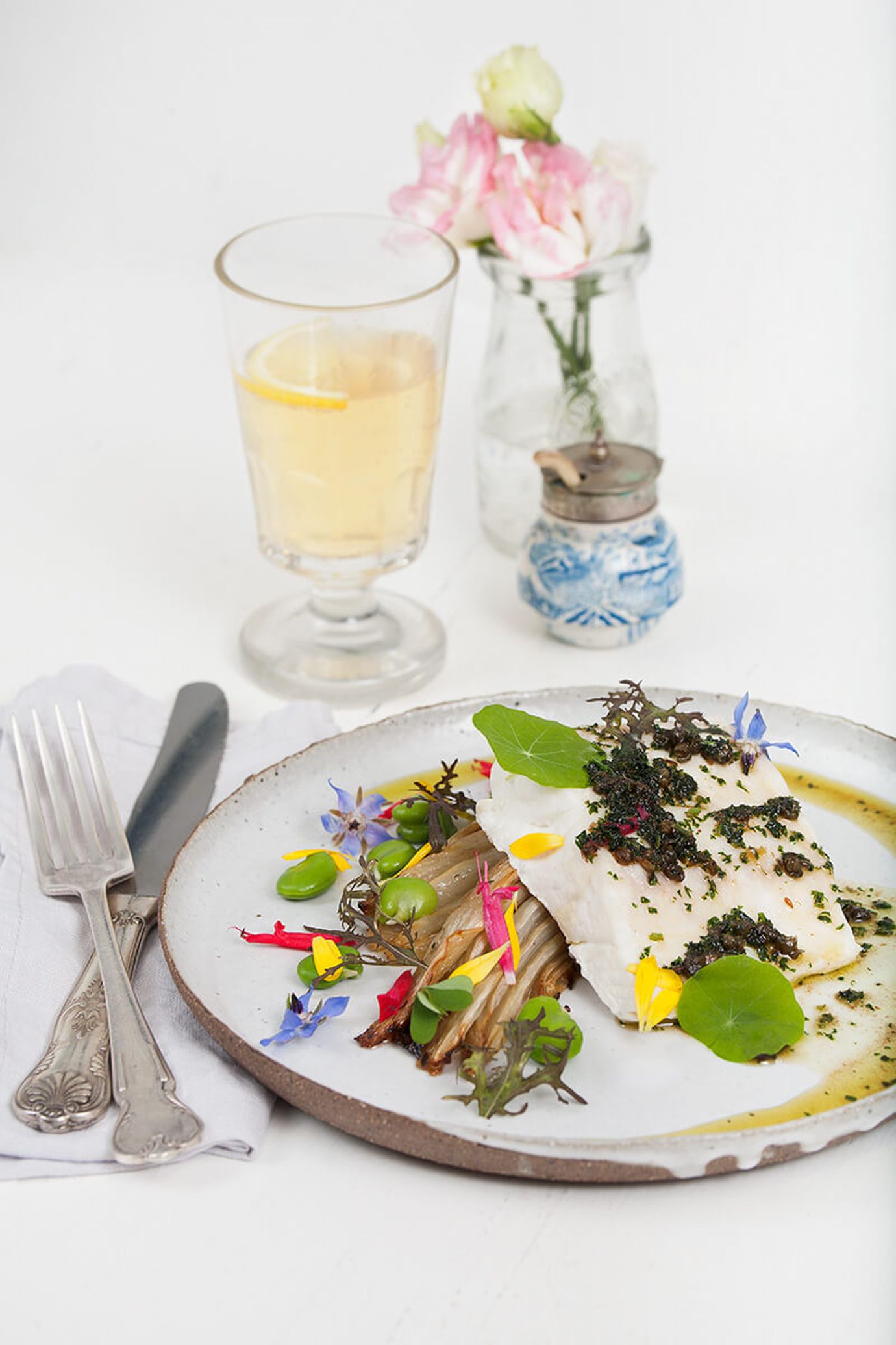 Snapper, fennel and broad beans with anchovy butter