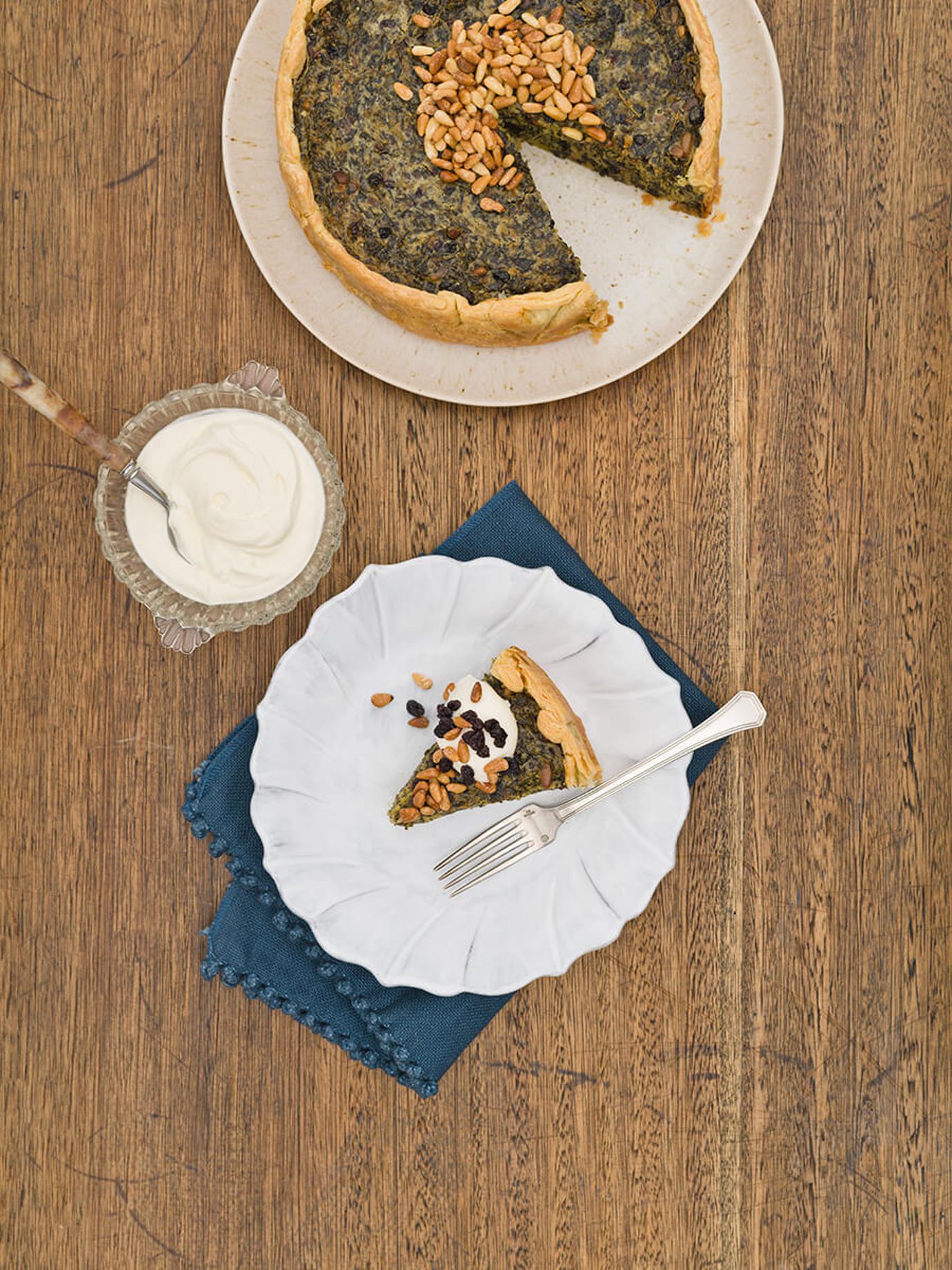 Kale, preserved lemon and pine nut tart