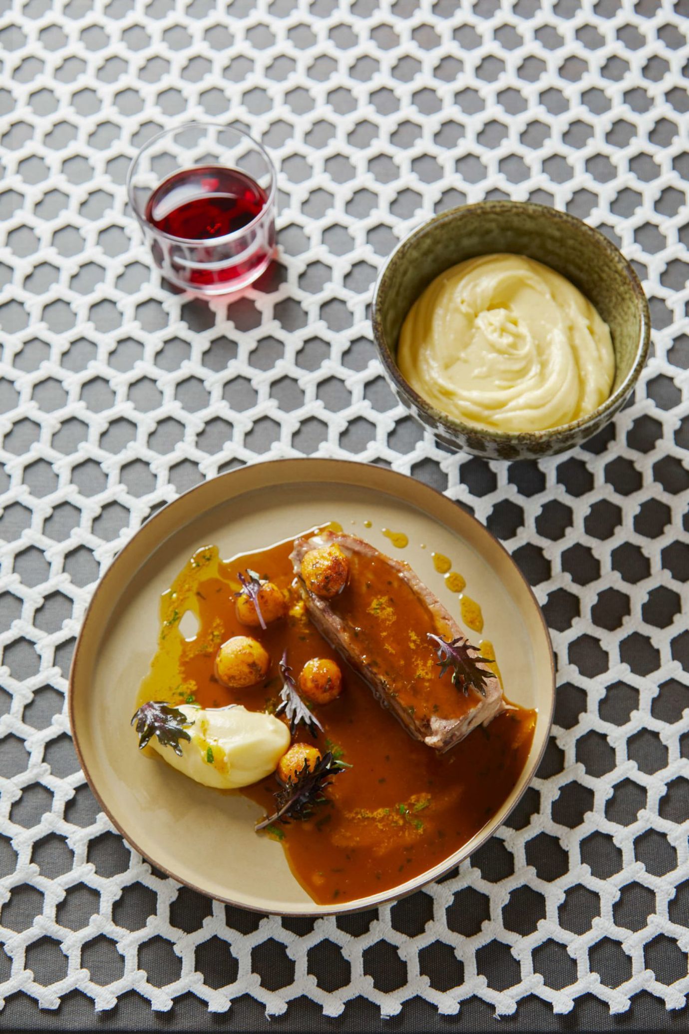 Braised pork with apples in Gascony butter and pommes mousseline