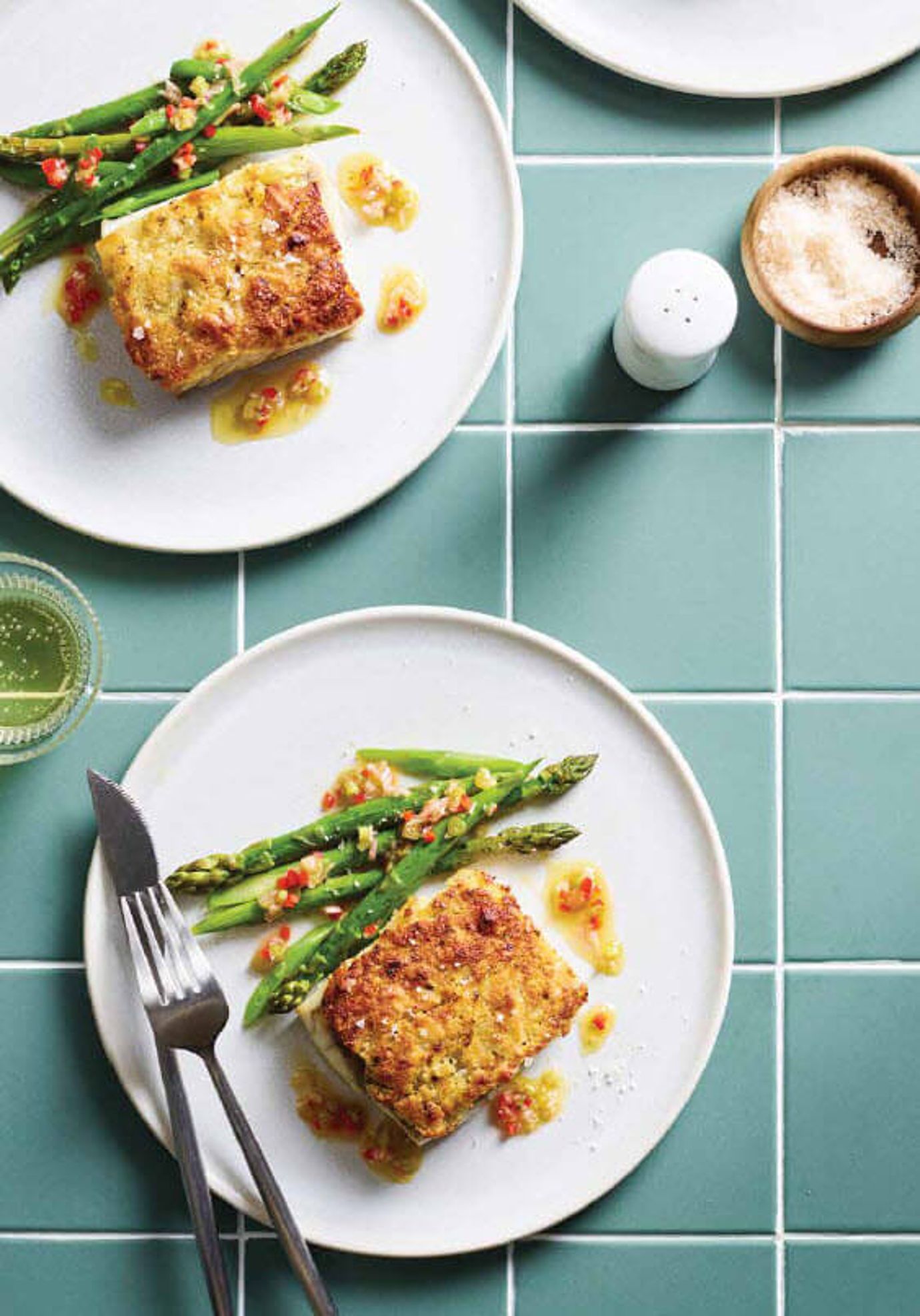 Macadamia crusted fish with asparagus and green beans