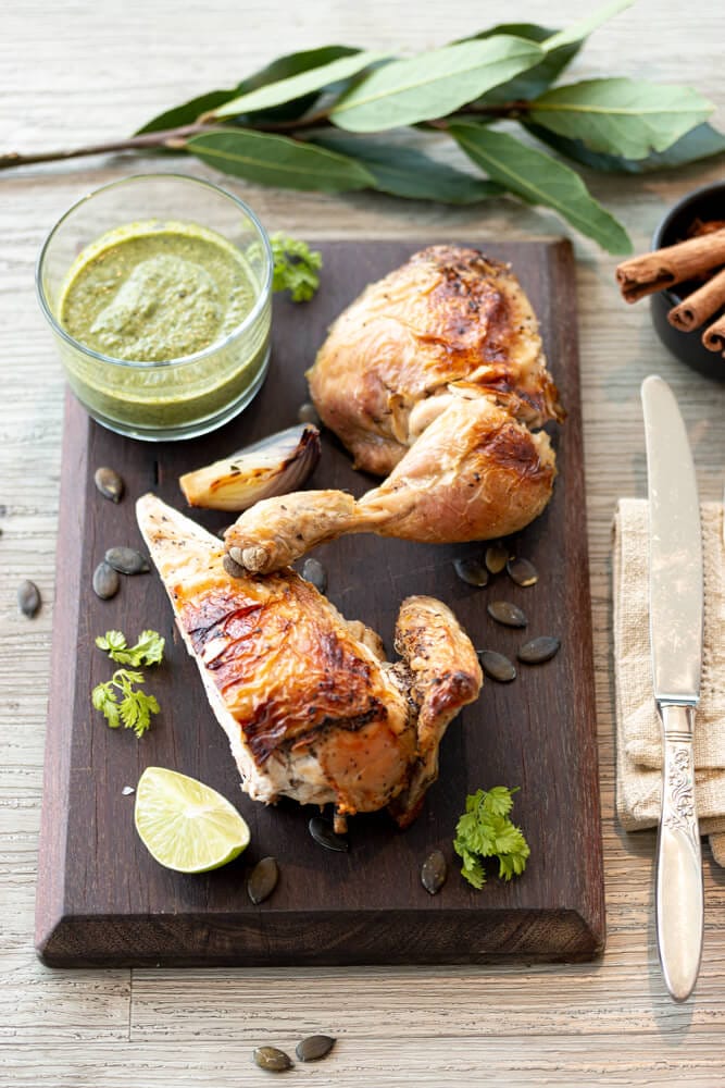 Fan grilled spatchcock with roasted pepita sauce