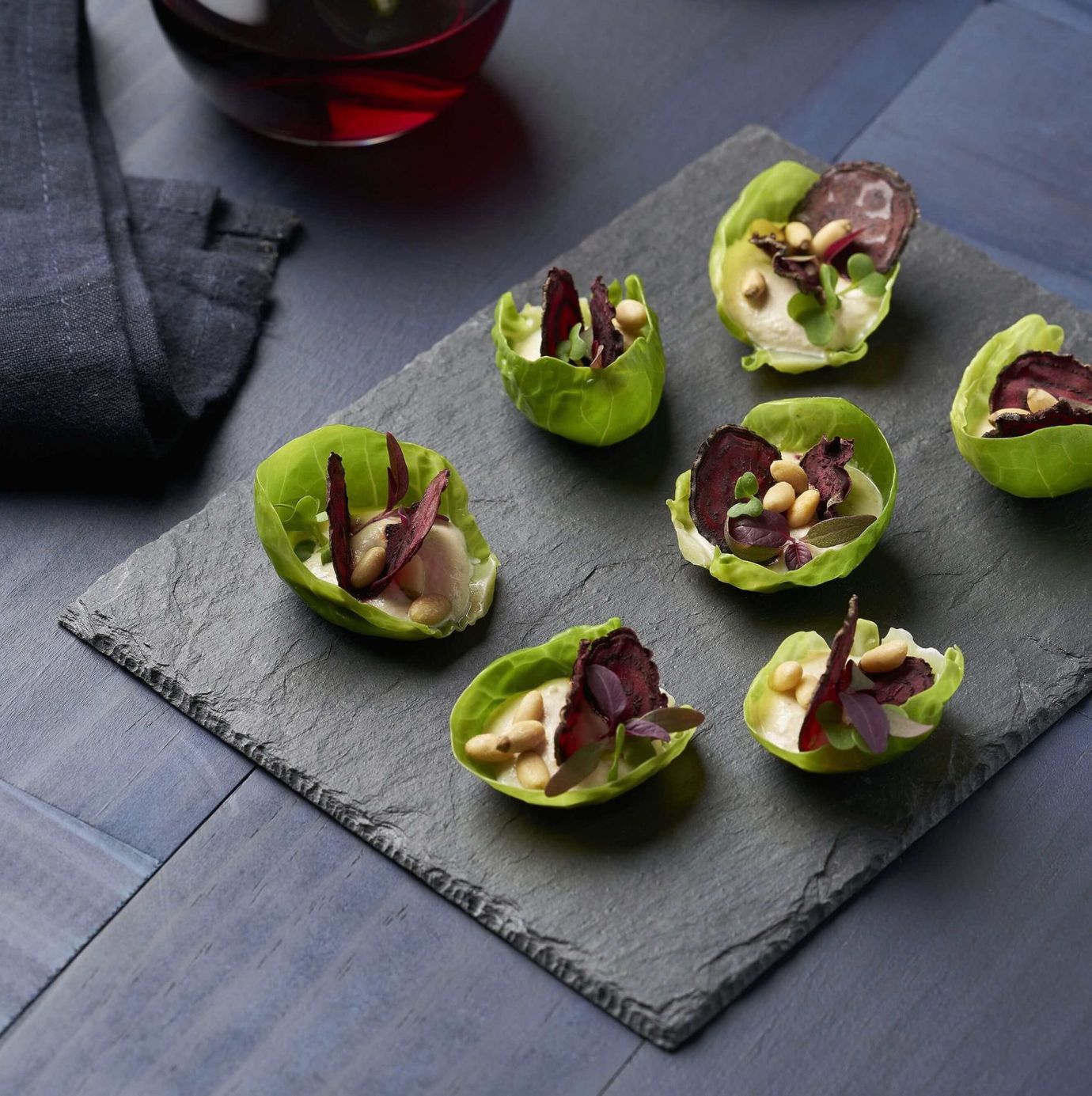 Brussels sprout, pine nut butter and beetroot crisp