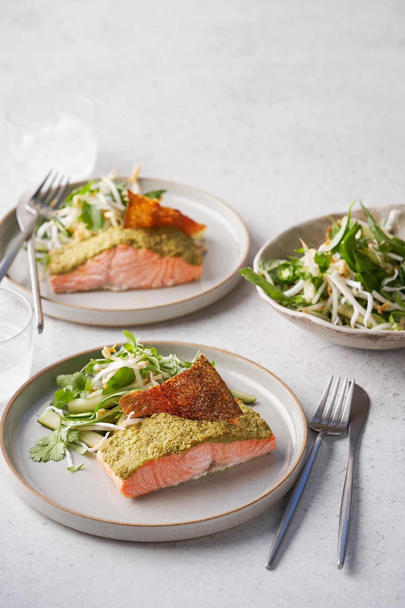Coriander coconut trout with pickled cucumber