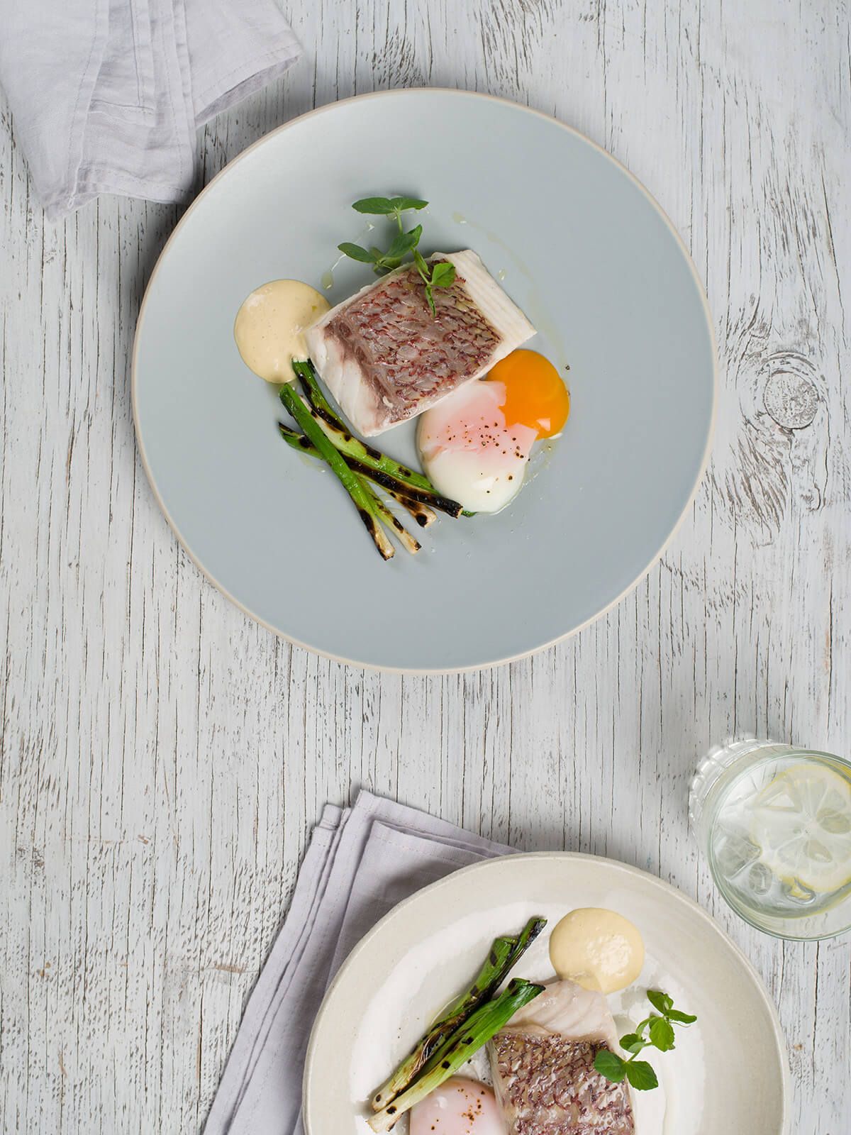 Sous-vide snapper, char-grilled leek, 65°C hen egg, mustard mayonnaise