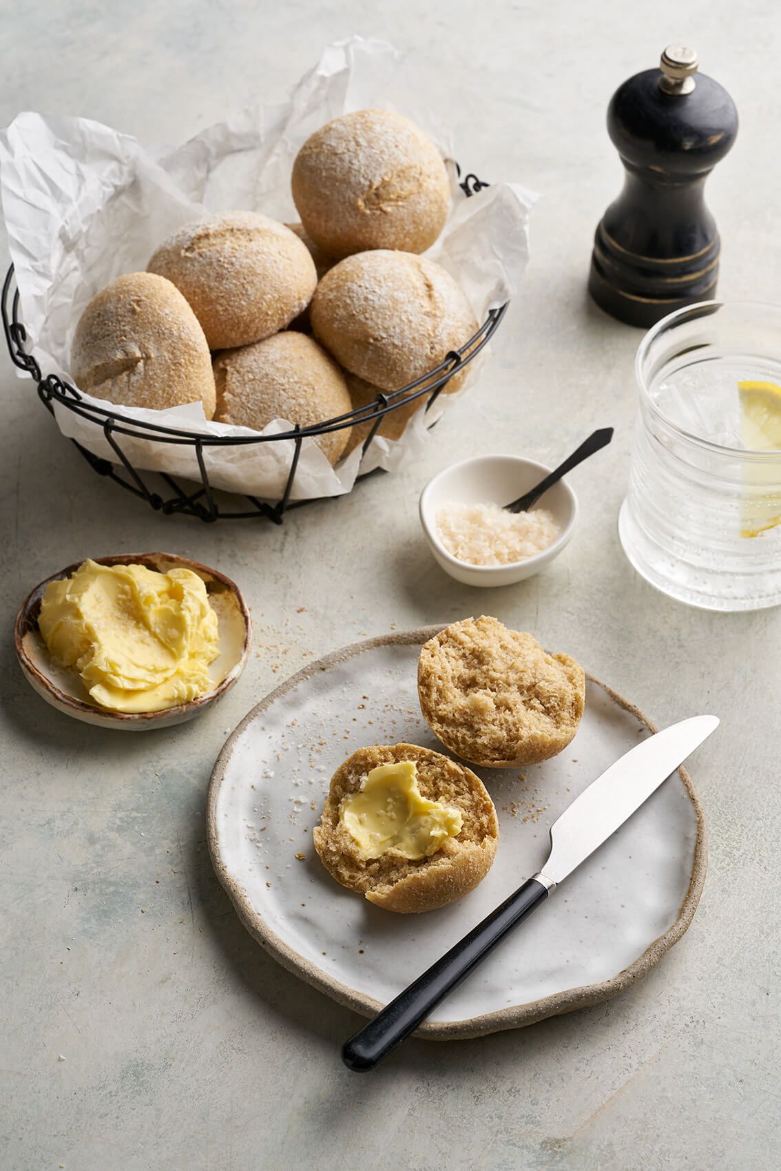 Whole wheat dinner roll, cultured butter