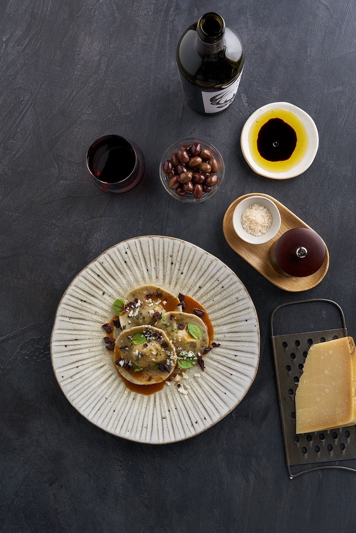 Beef brisket ravioli with dried olives
