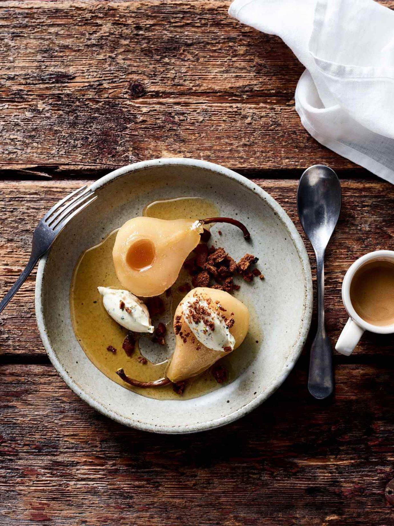 Poached winter fruit and gingerbread crumbs with lemon thyme mascarpone