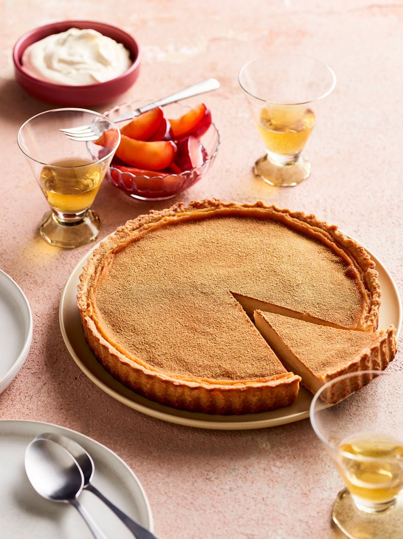 Toasted milk and honey tart with compressed fruit