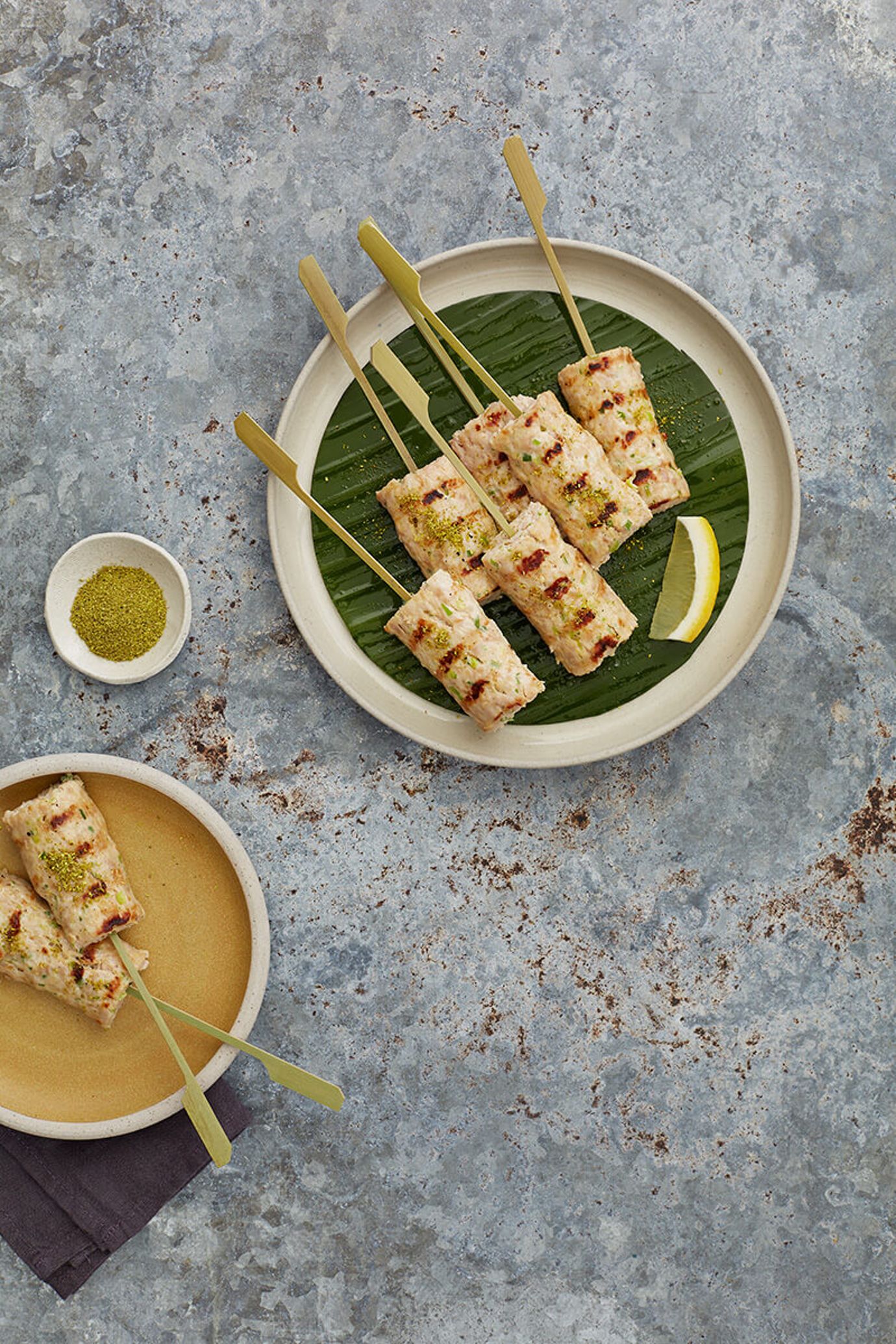 Twice cooked miso chicken skewers